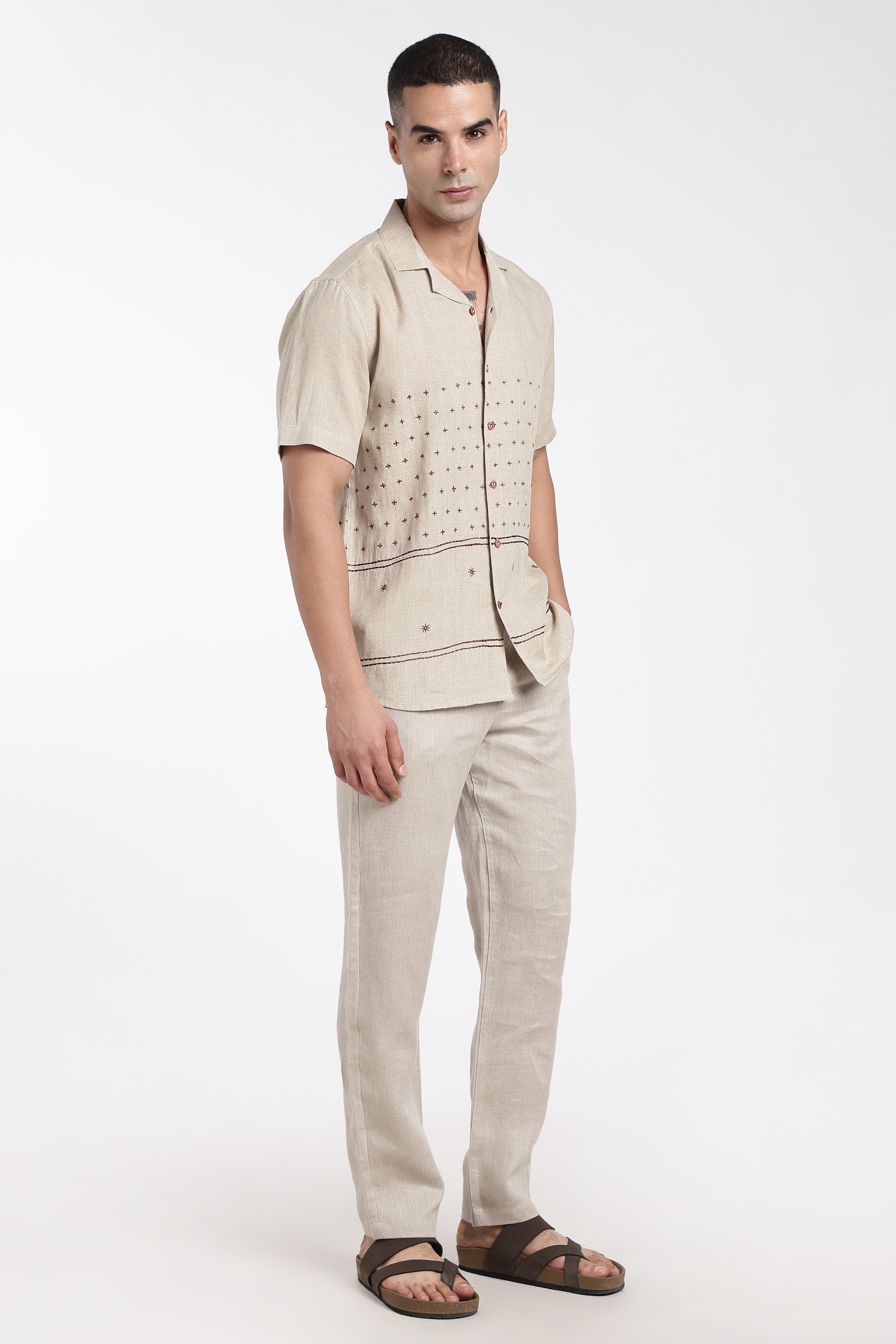 Men’s Premium Beige Linen Embroidered Co-Ord Set | Designer Resort Wear