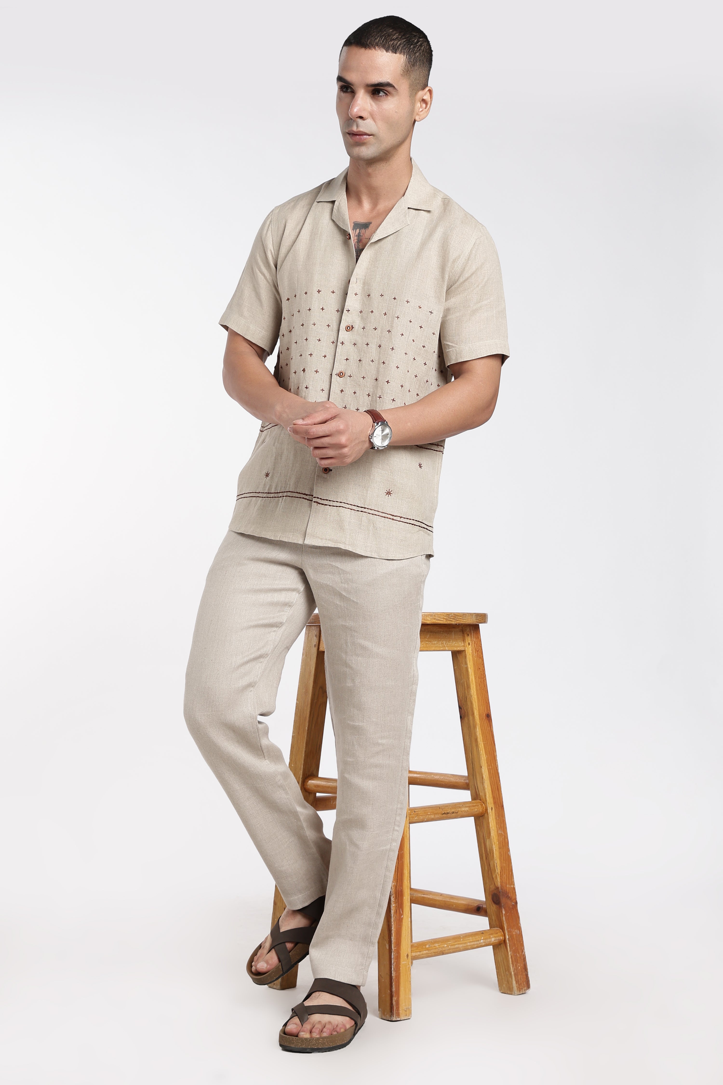 Men’s Premium Beige Linen Embroidered Co-Ord Set | Designer Resort Wear
