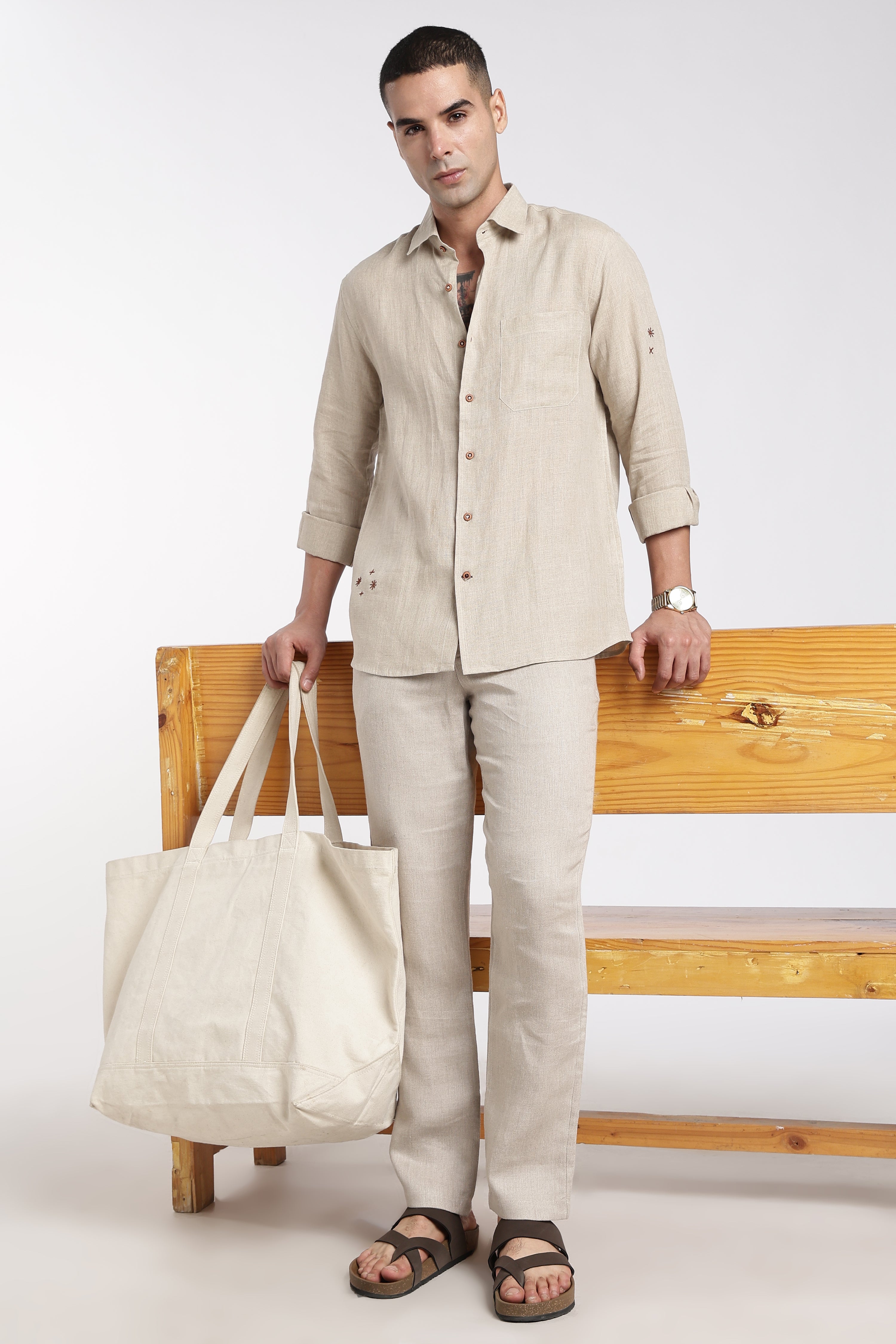 Beige Embroidered Linen Co-ord Set for Men
