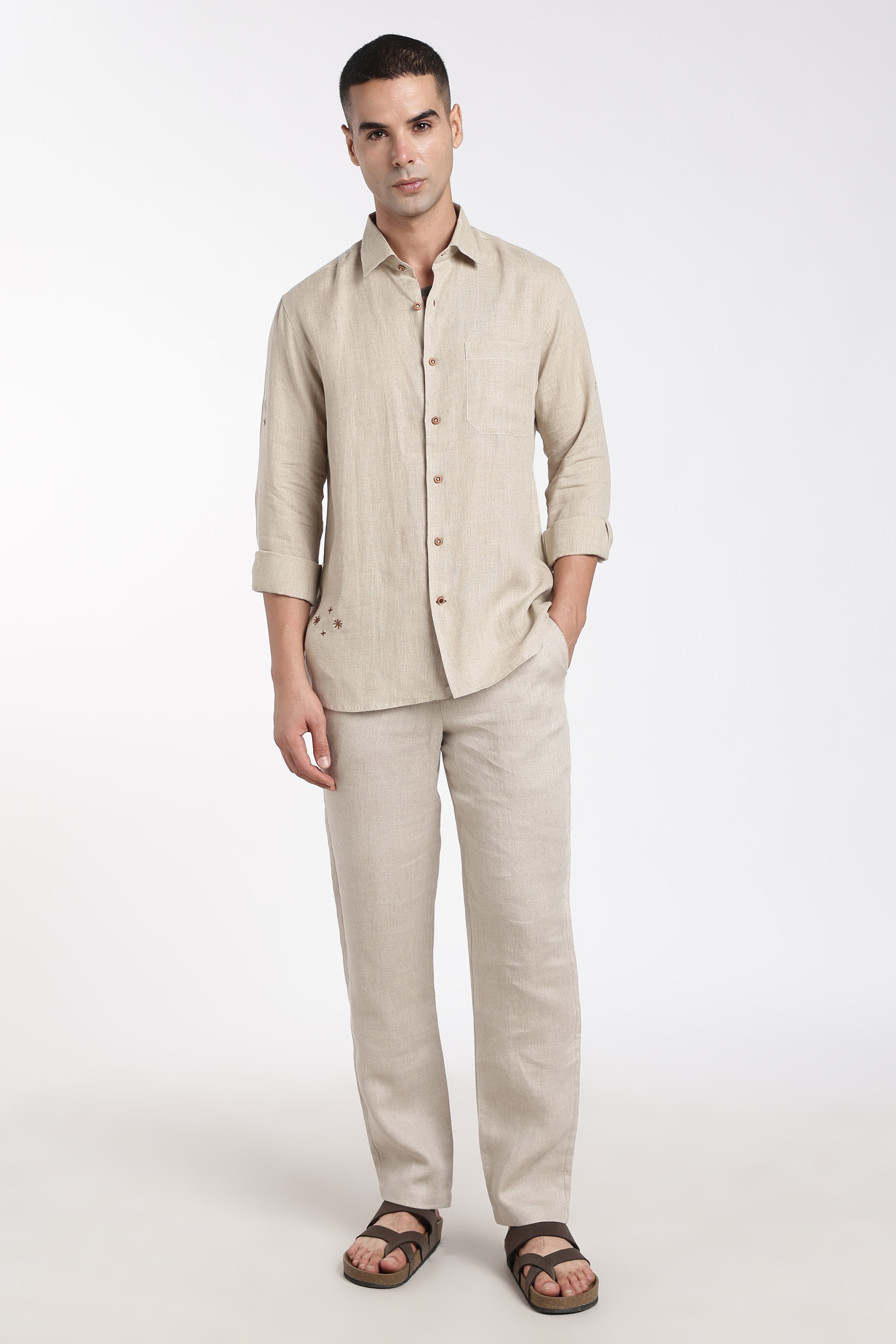 Beige Embroidered Linen Co-ord Set for Men