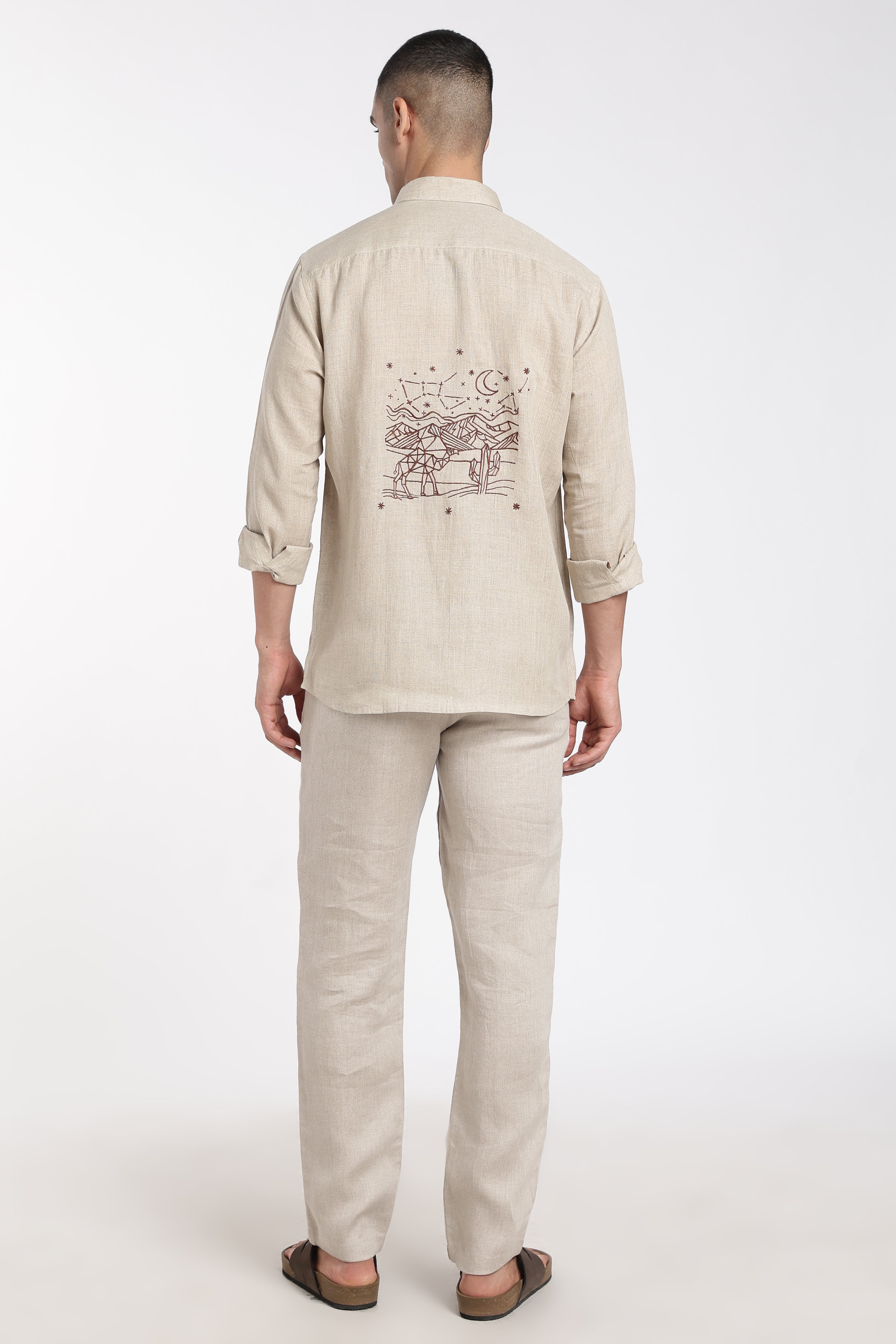 Beige Embroidered Linen Co-ord Set for Men