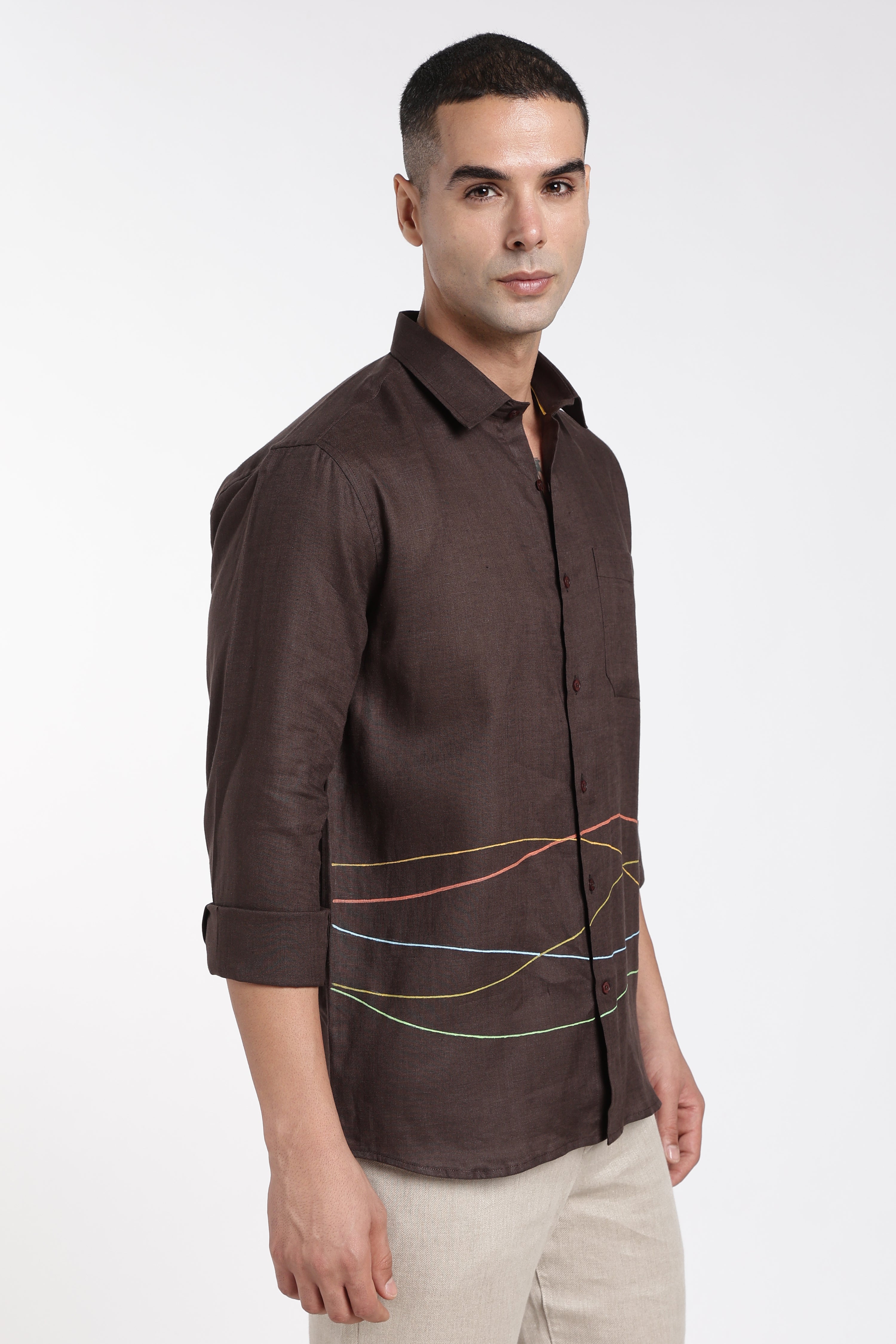 Men’s Premium Mocha Brown Linen Shirt with Artistic Multicolor Line Detailing