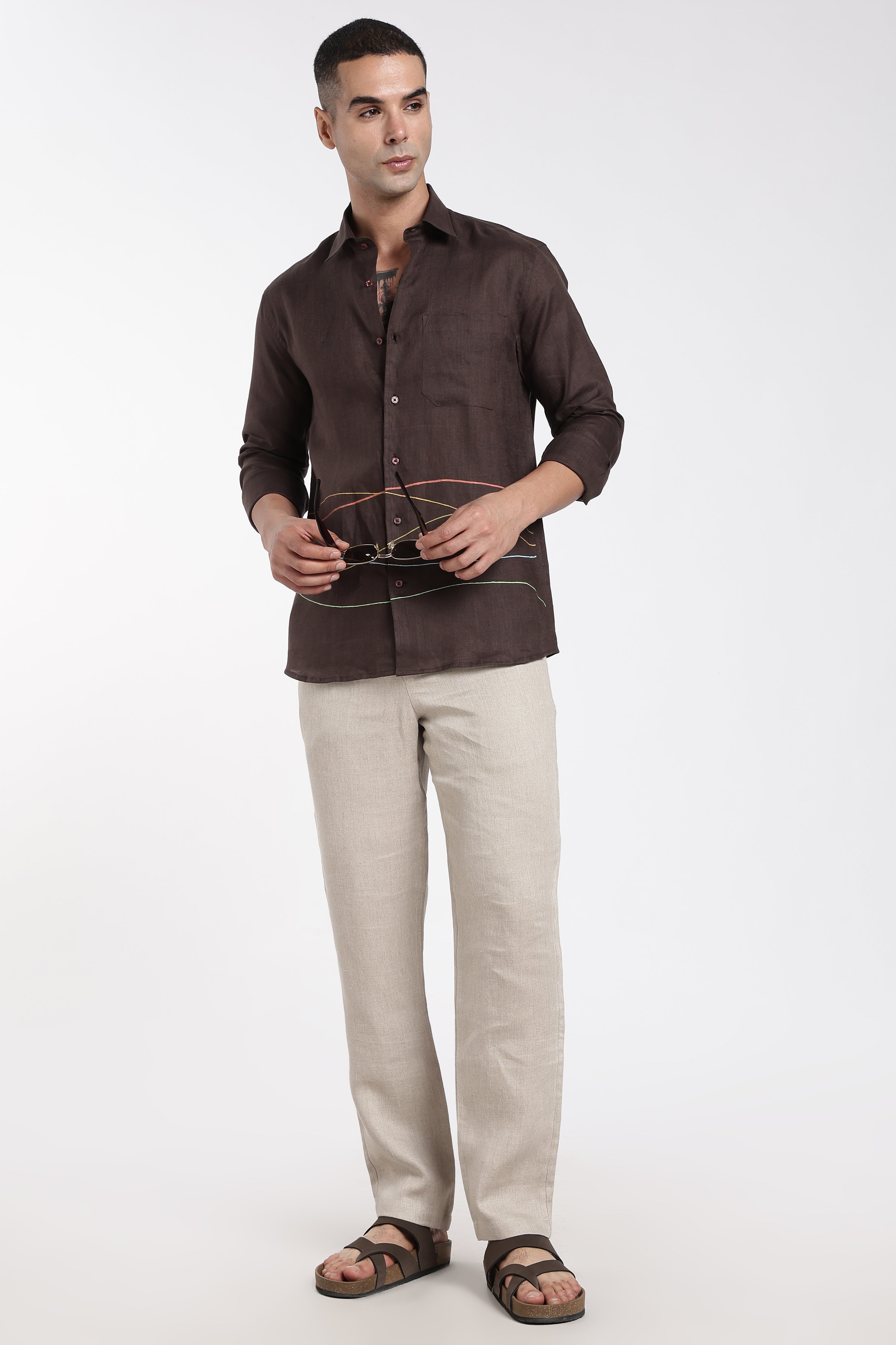 Men’s Premium Mocha Brown Linen Shirt with Artistic Multicolor Line Detailing