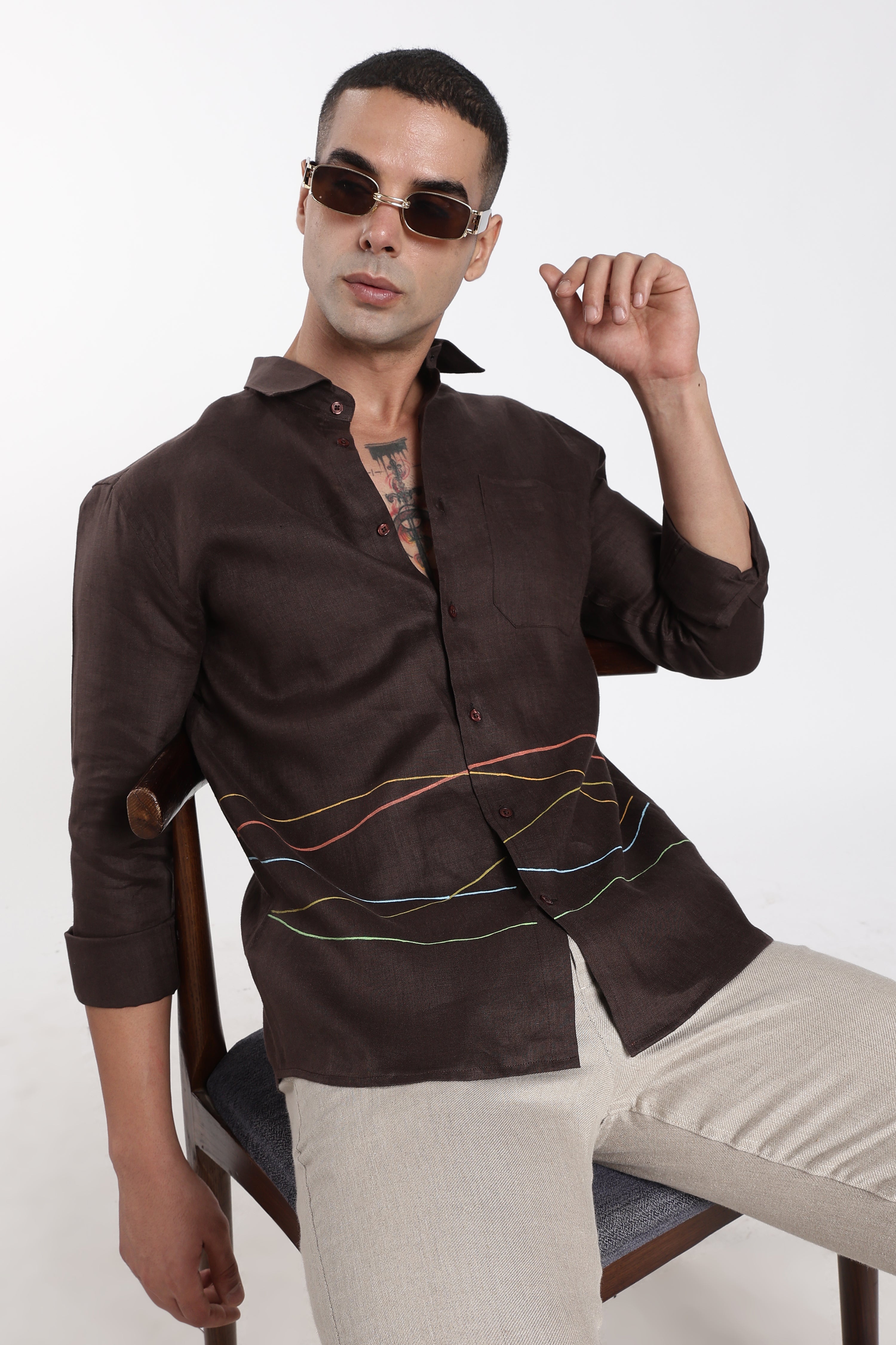 Men’s Premium Mocha Brown Linen Shirt with Artistic Multicolor Line Detailing