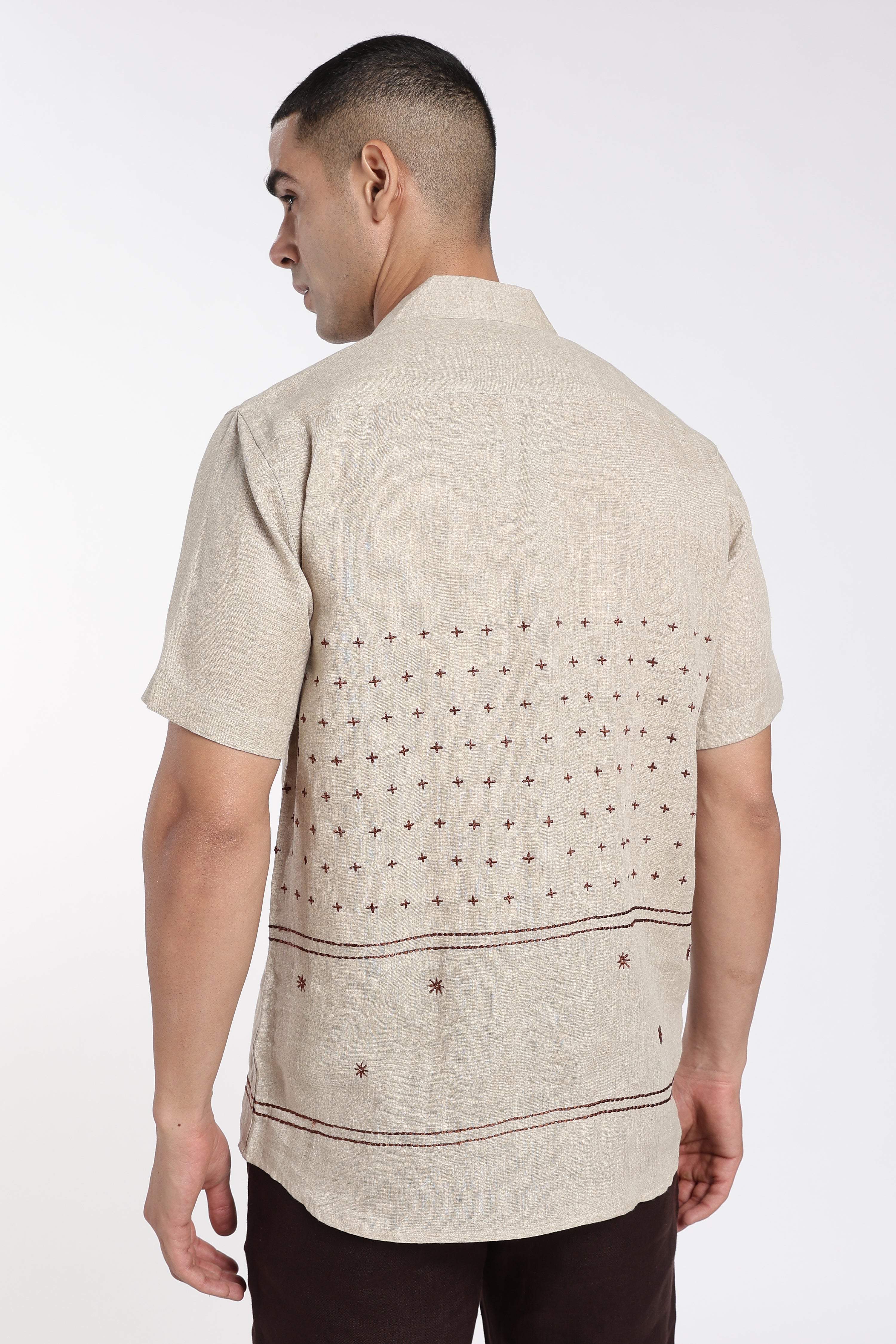 Men’s Premium Linen Cuban Collar Embroidered Shirt – Sand Beige