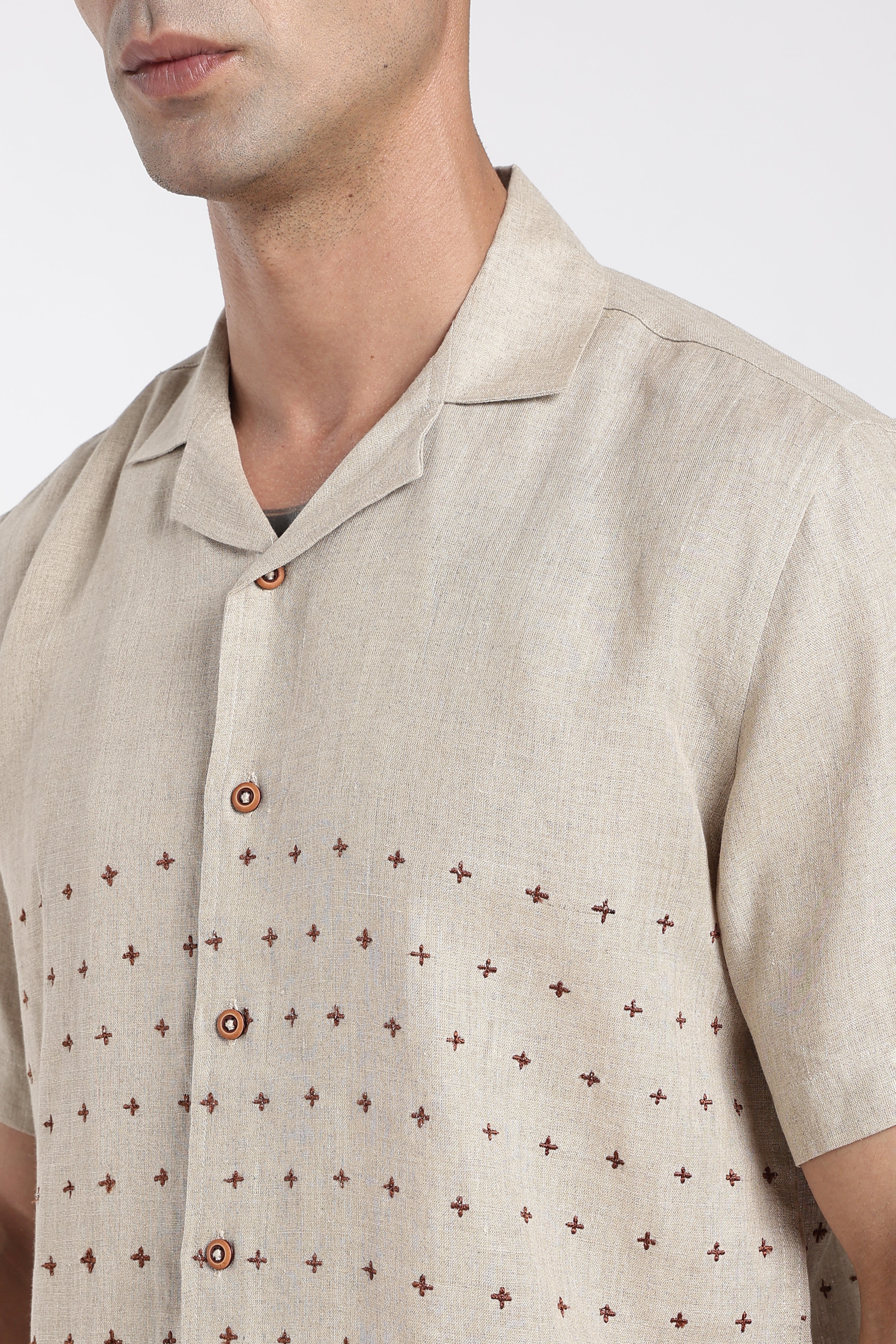 Men’s Premium Linen Cuban Collar Embroidered Shirt – Sand Beige