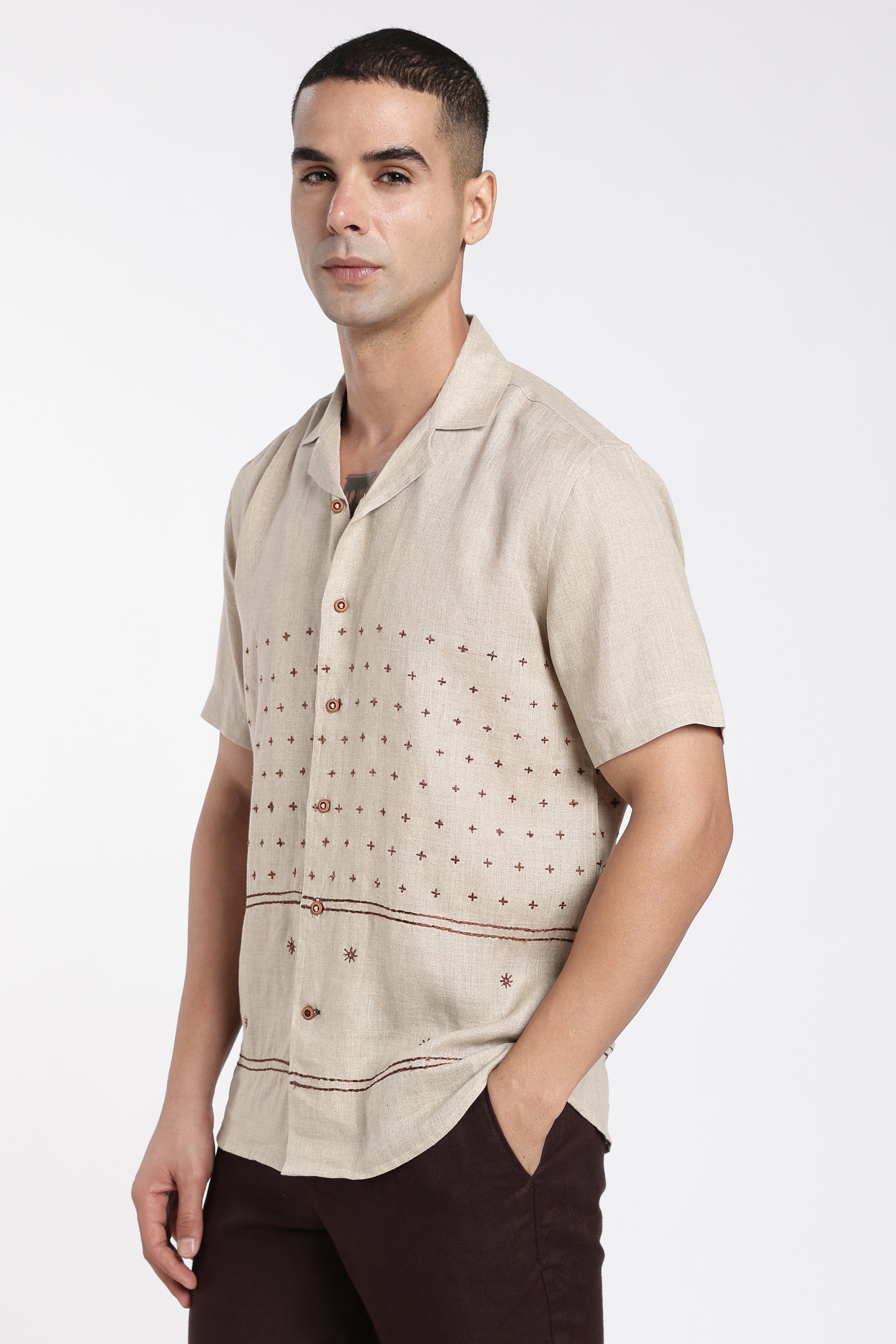 Men’s Premium Linen Cuban Collar Embroidered Shirt – Sand Beige
