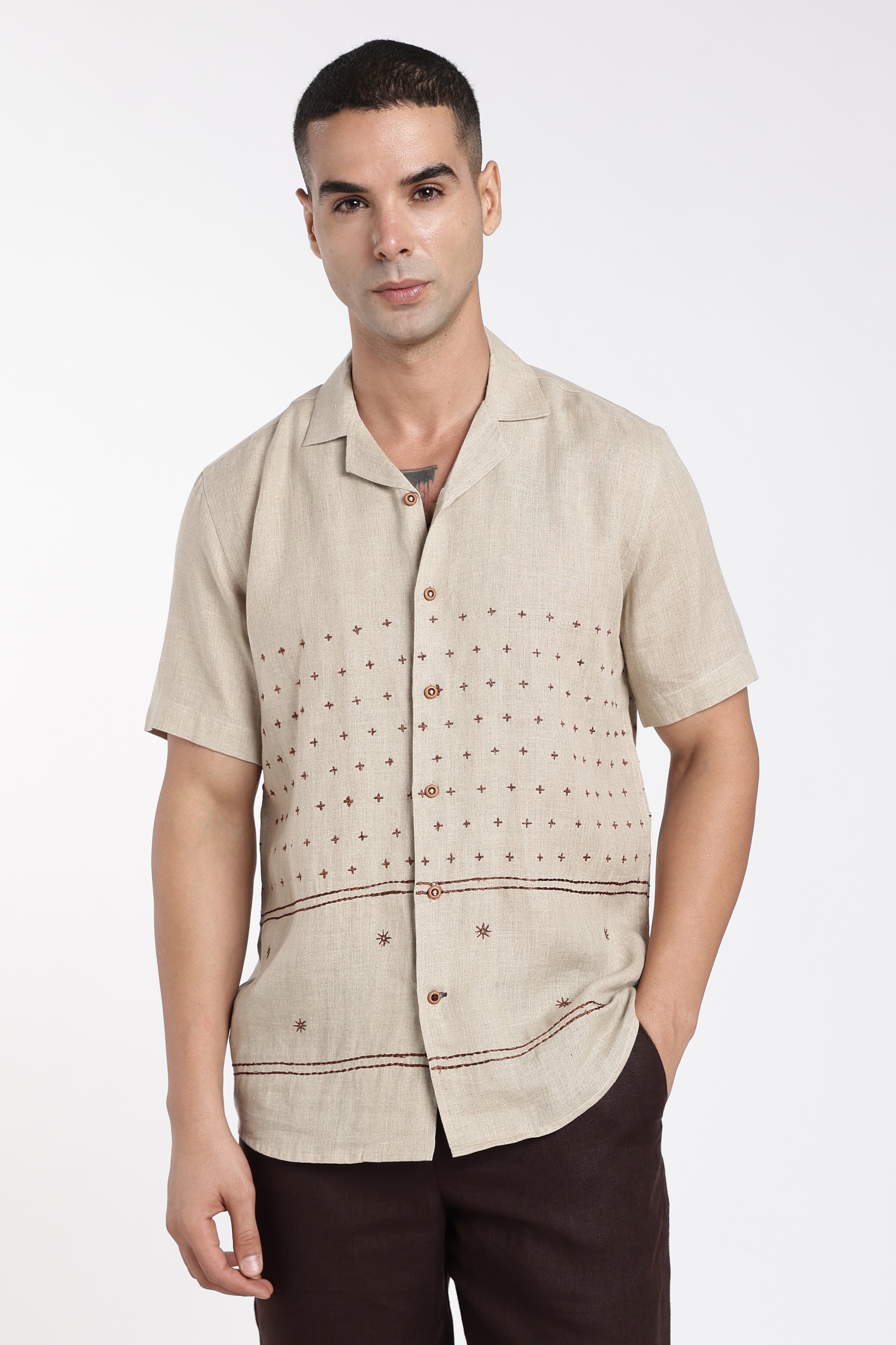 Men’s Premium Linen Cuban Collar Embroidered Shirt – Sand Beige