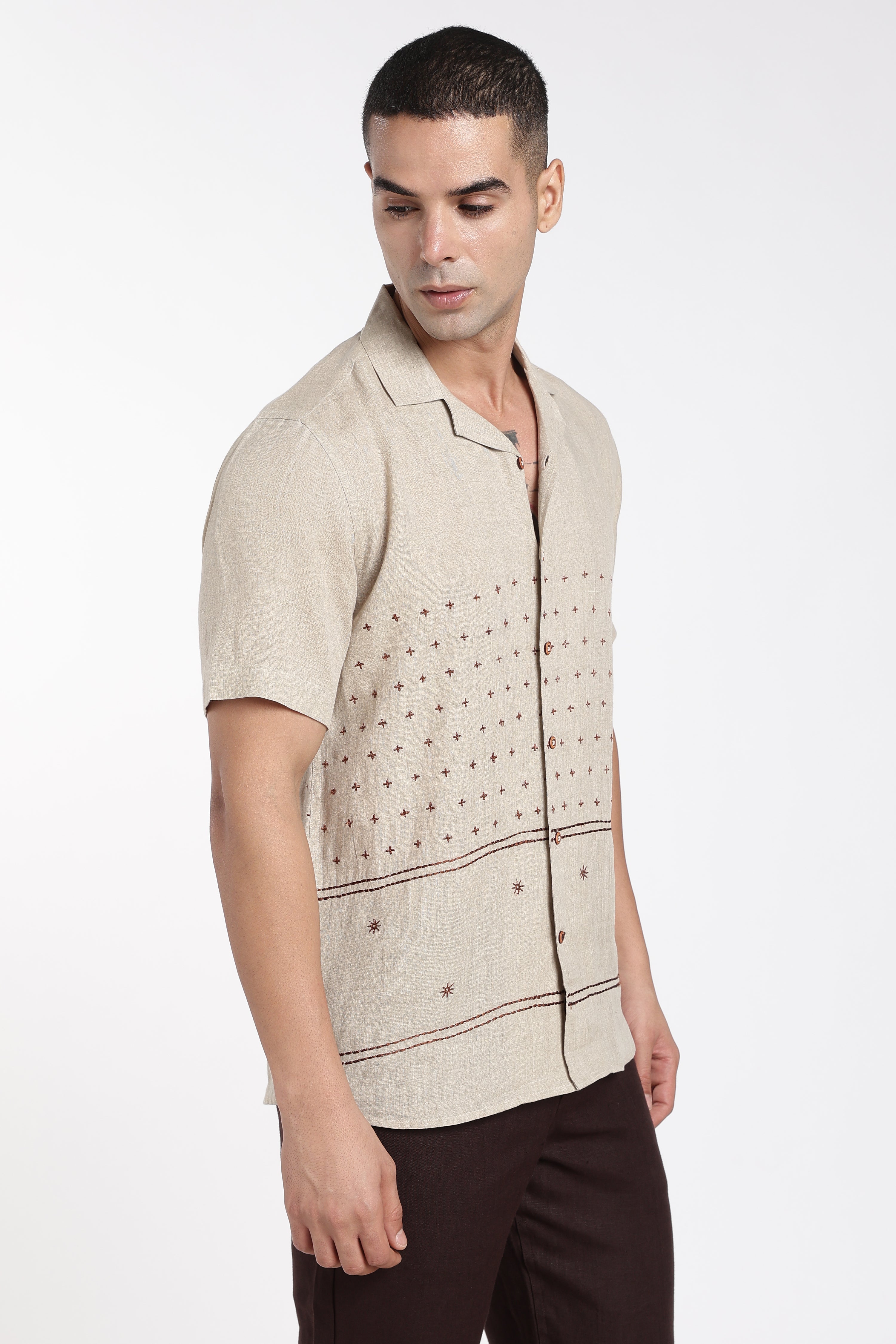 Men’s Premium Linen Cuban Collar Embroidered Shirt – Sand Beige