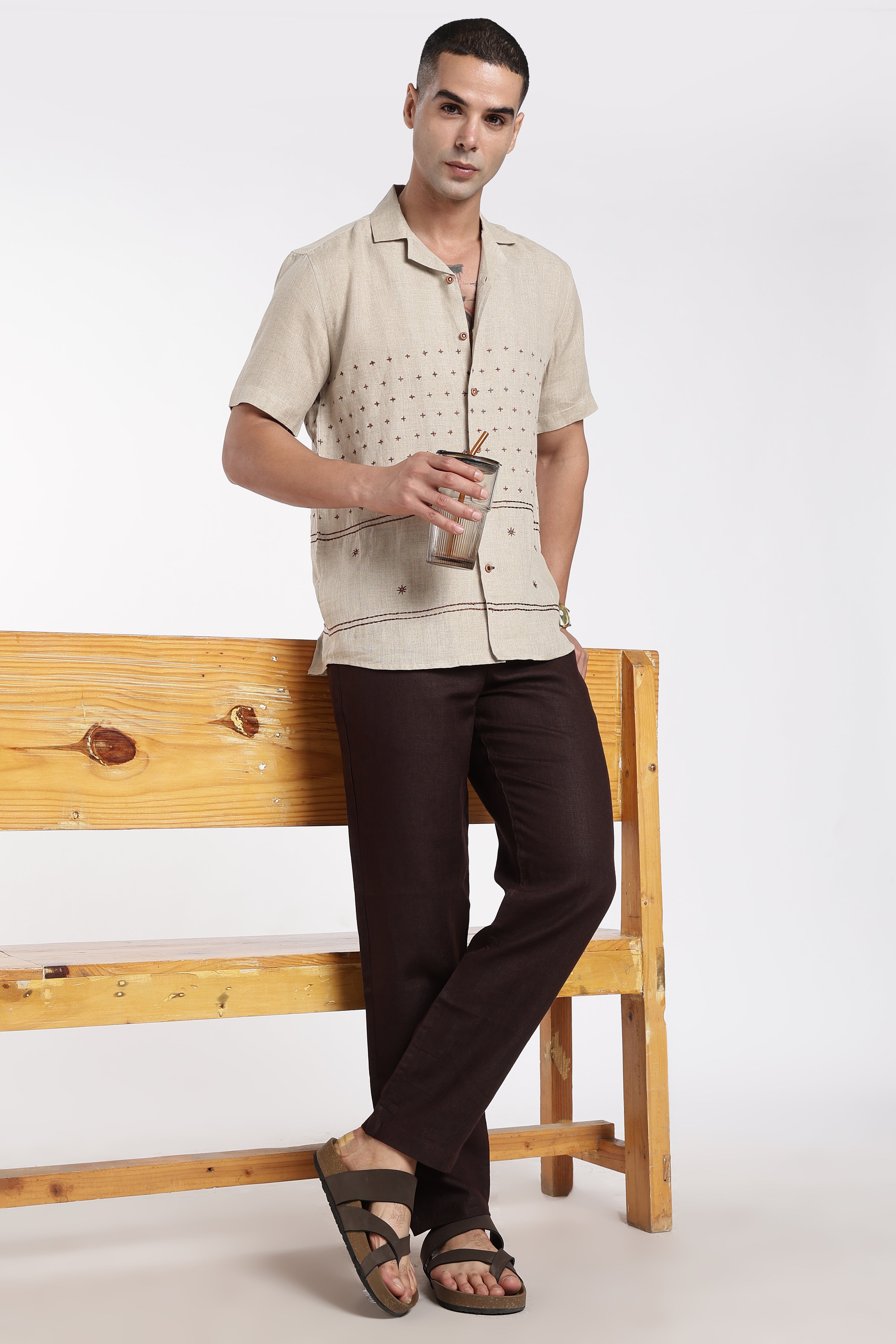 Men’s Premium Linen Cuban Collar Embroidered Shirt – Sand Beige