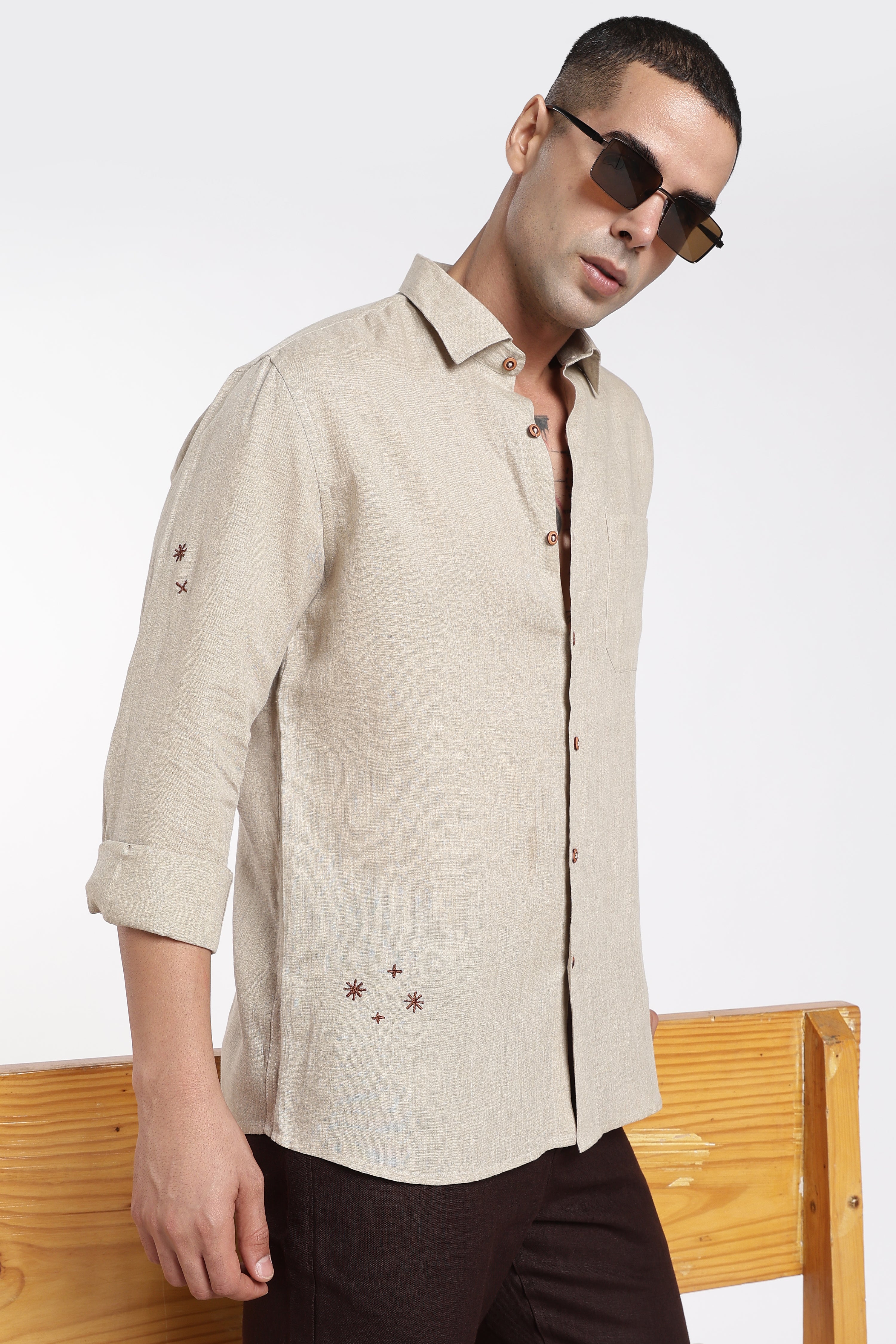 Men’s Premium Linen Embroidered Shirt – Desert Caravan Edition