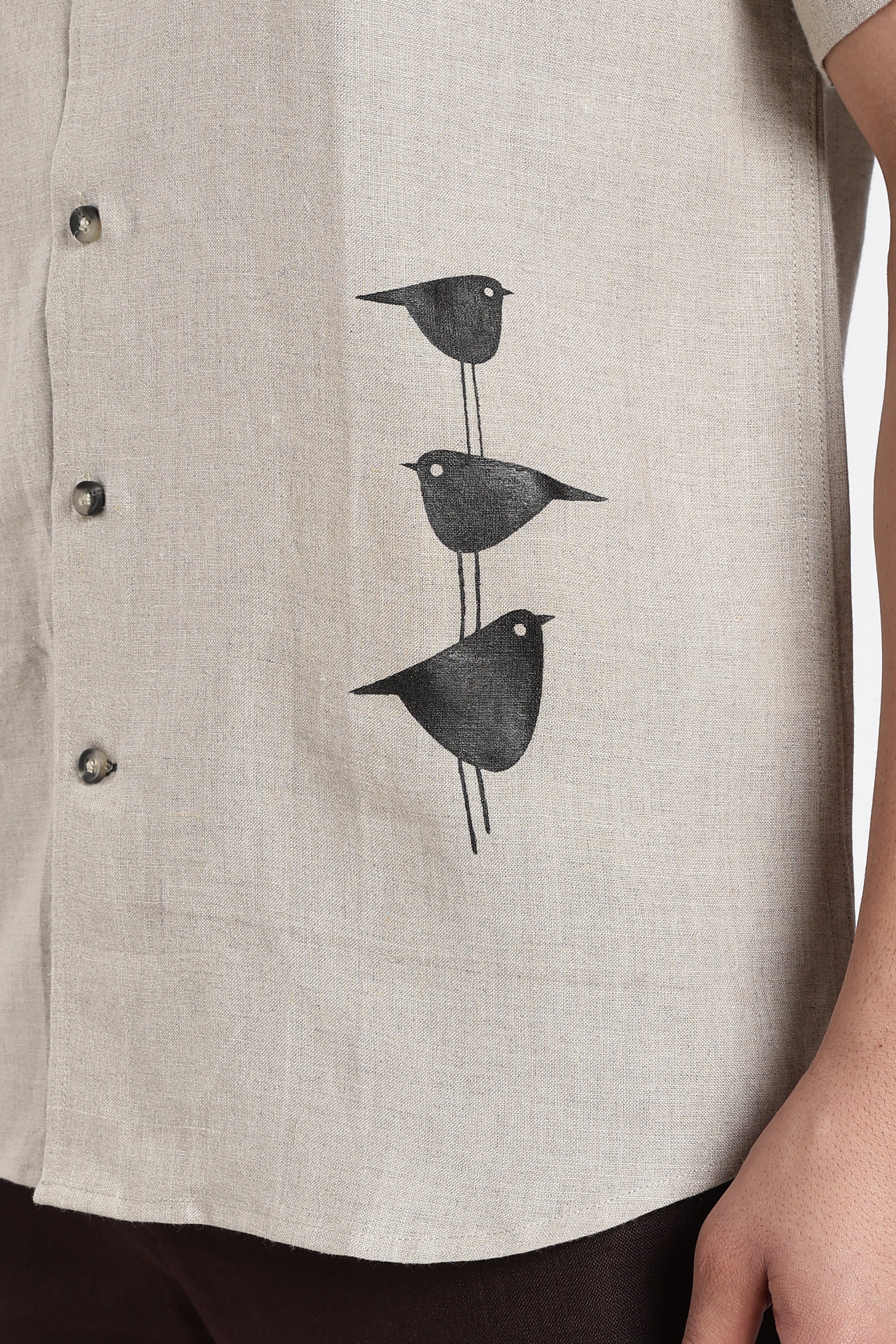 Men’s Hand-Painted Premium Linen Shirt – Minimal Bird Art in Natural Beige | Linen Culture