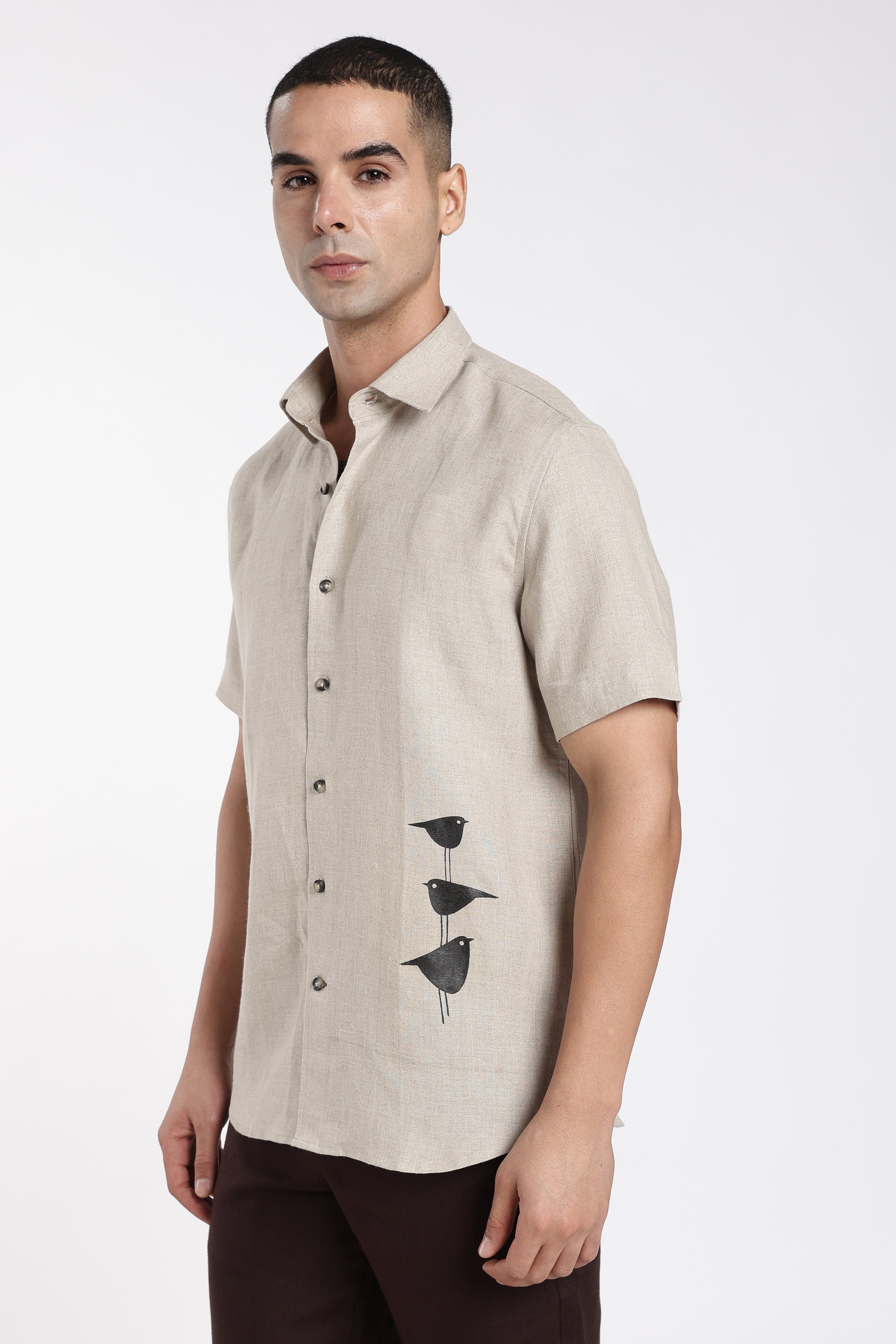 Men’s Hand-Painted Premium Linen Shirt – Minimal Bird Art in Natural Beige | Linen Culture