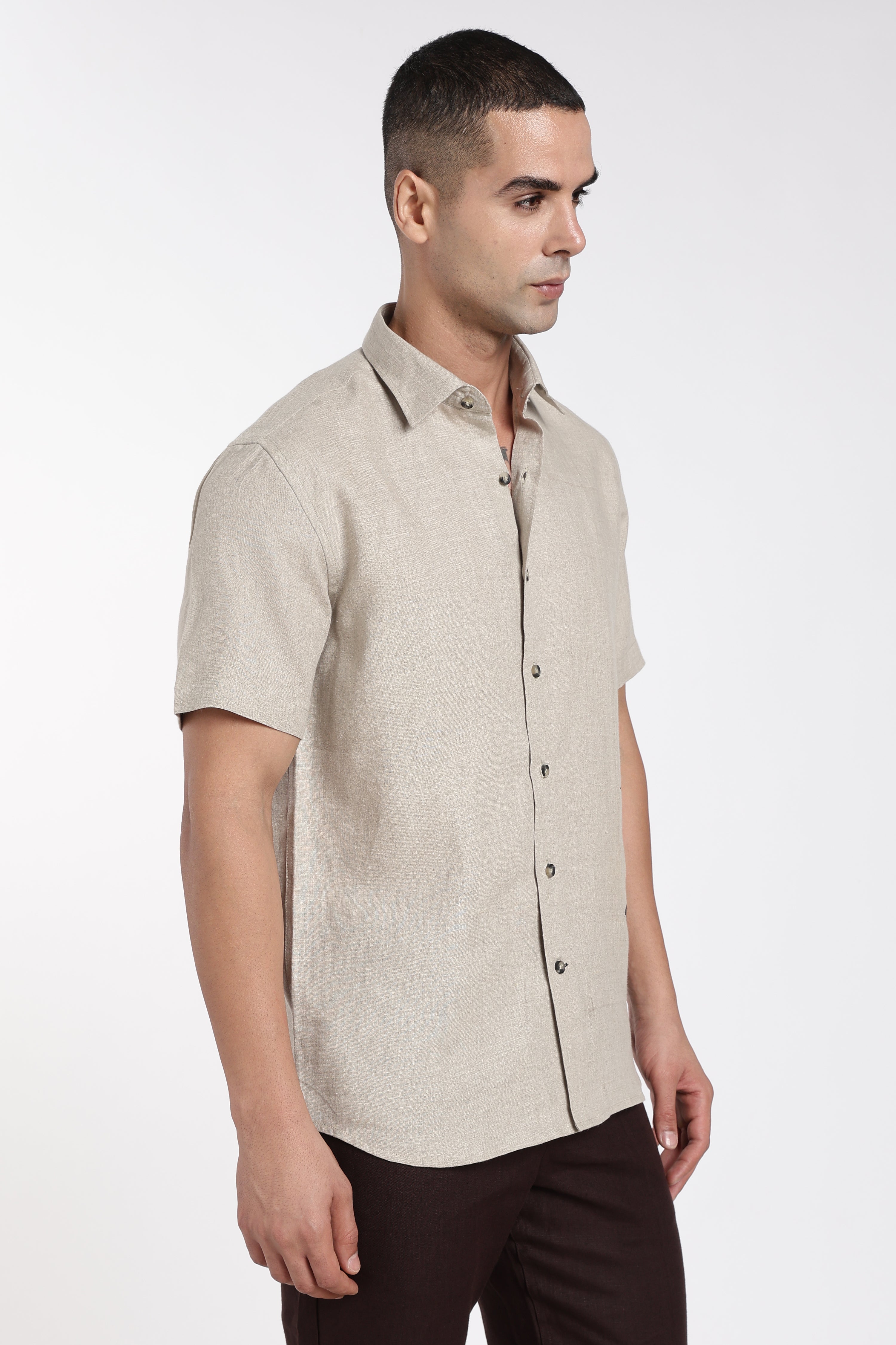 Men’s Hand-Painted Premium Linen Shirt – Minimal Bird Art in Natural Beige | Linen Culture