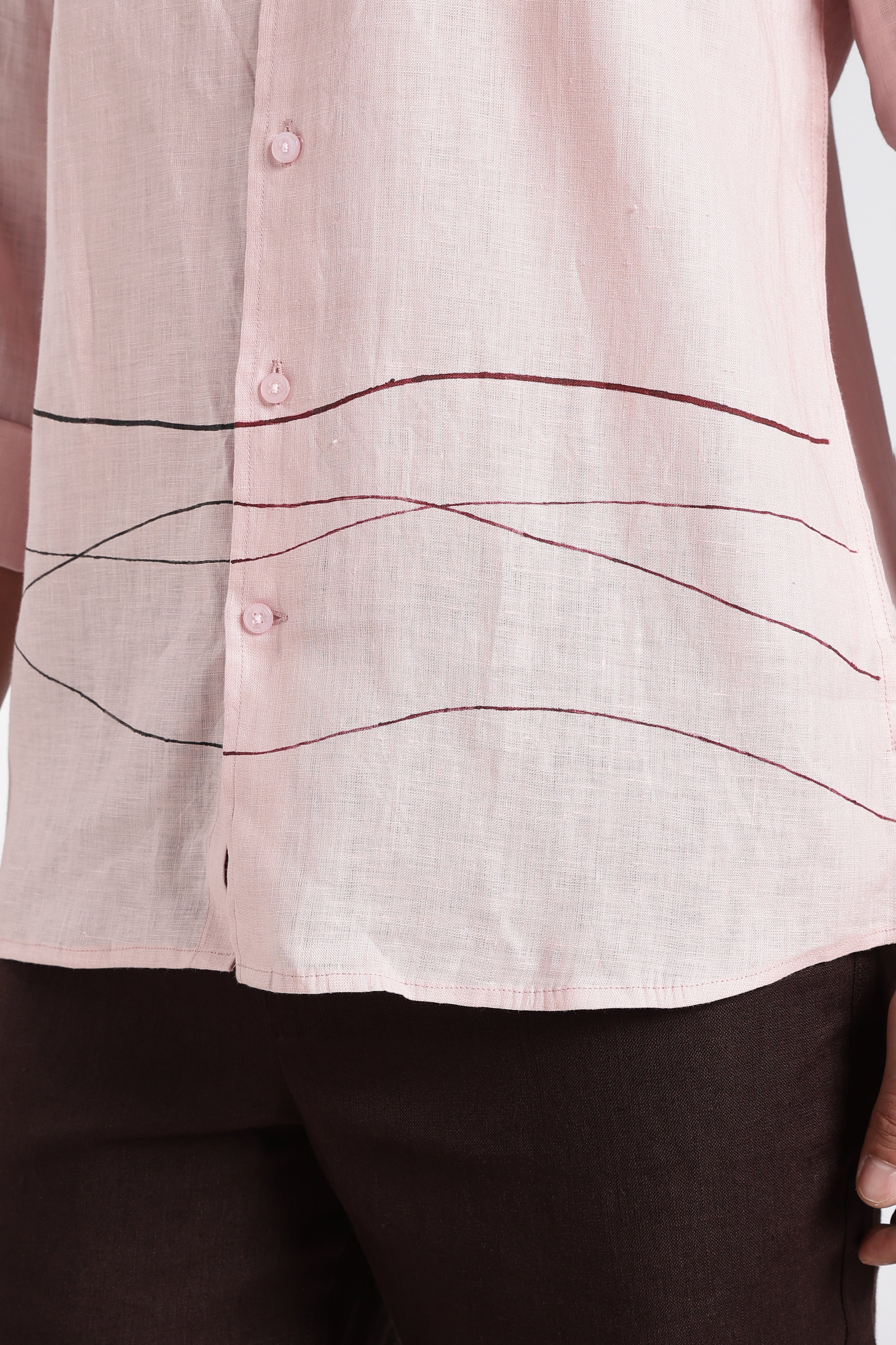 Men’s Hand-Painted Premium Linen Shirt – Abstract Line Art Pink