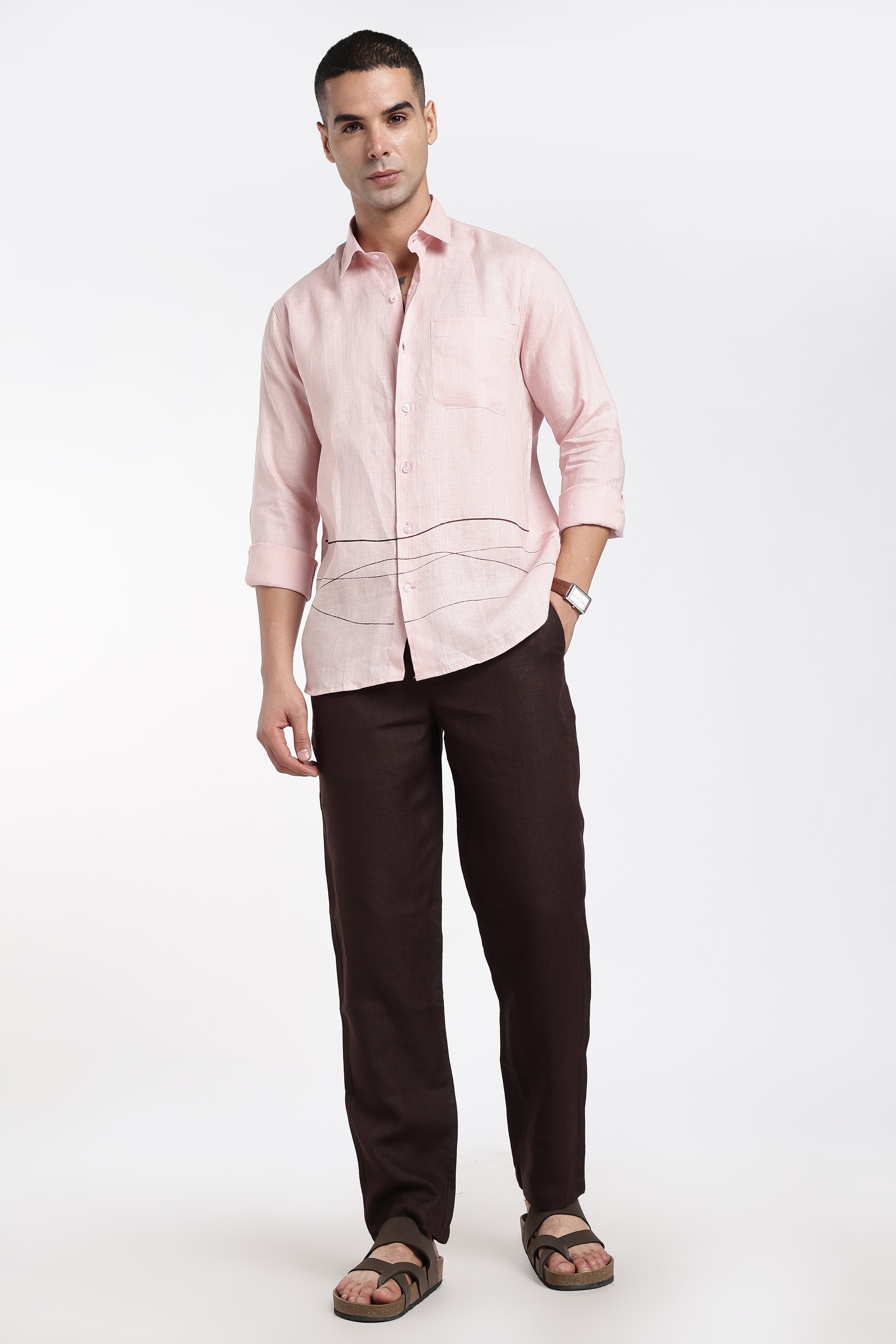 Men’s Hand-Painted Premium Linen Shirt – Abstract Line Art Pink