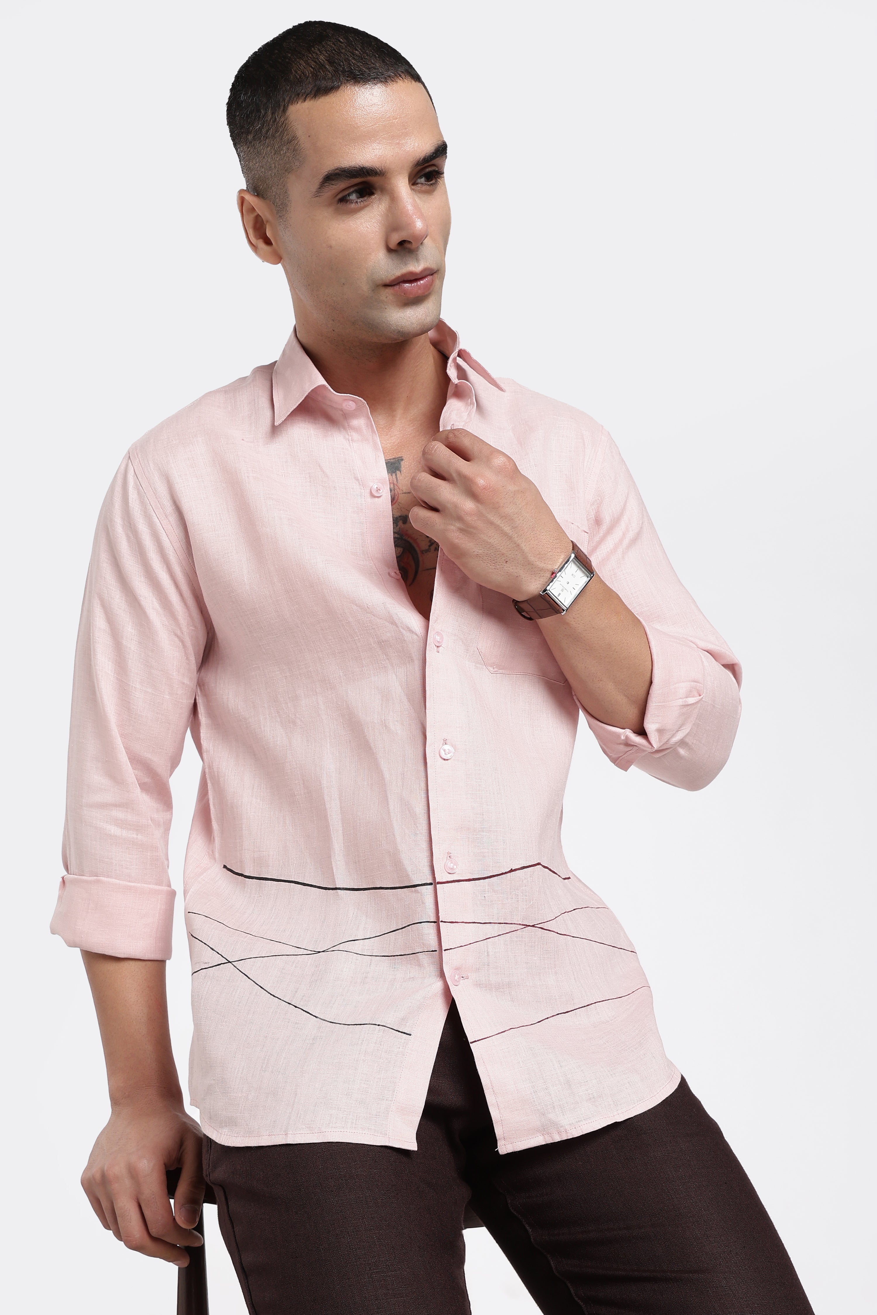 Men’s Hand-Painted Premium Linen Shirt – Abstract Line Art Pink