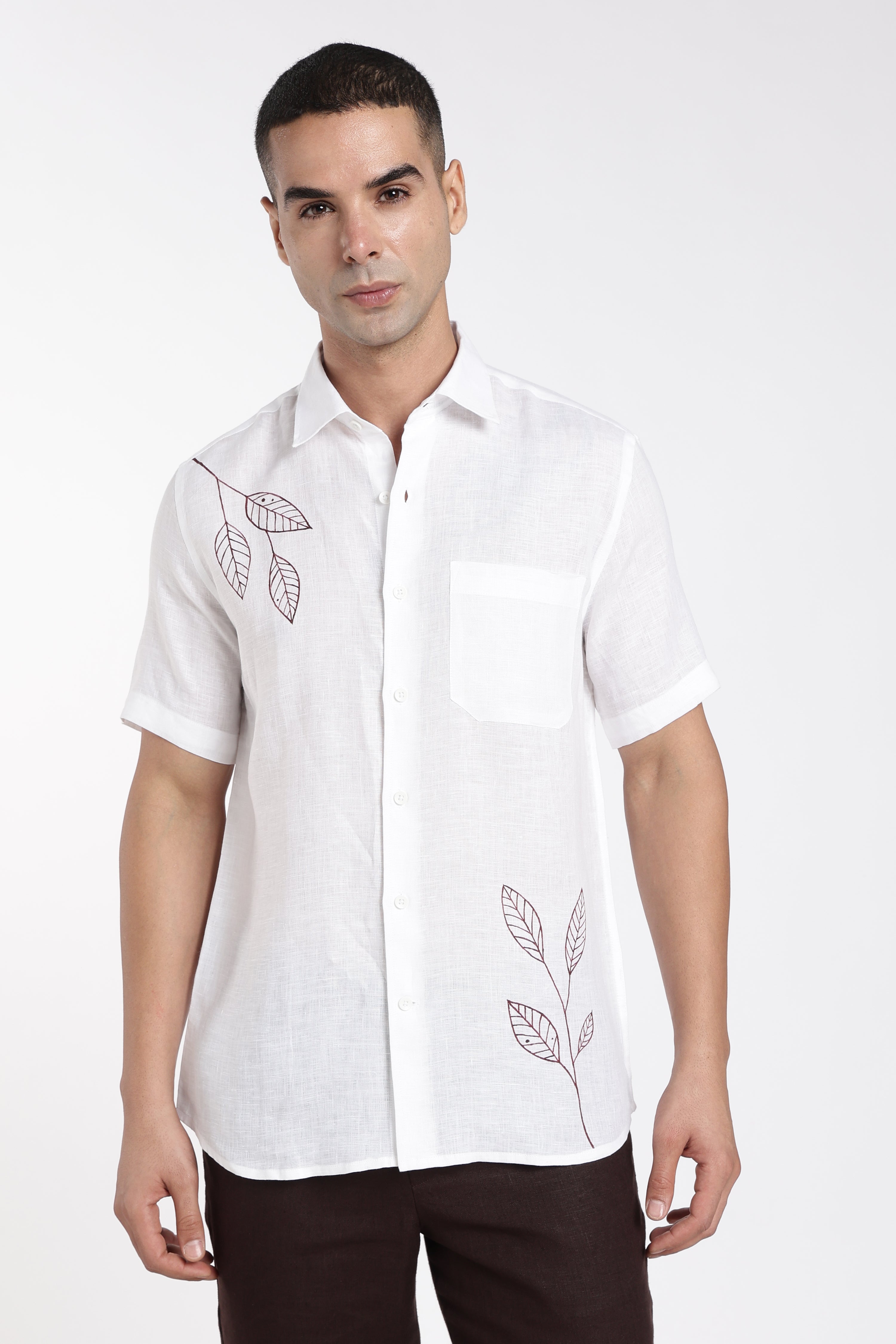 Men’s Hand-Painted White Linen Shirt – Botanical Art Edition | Linen Culture