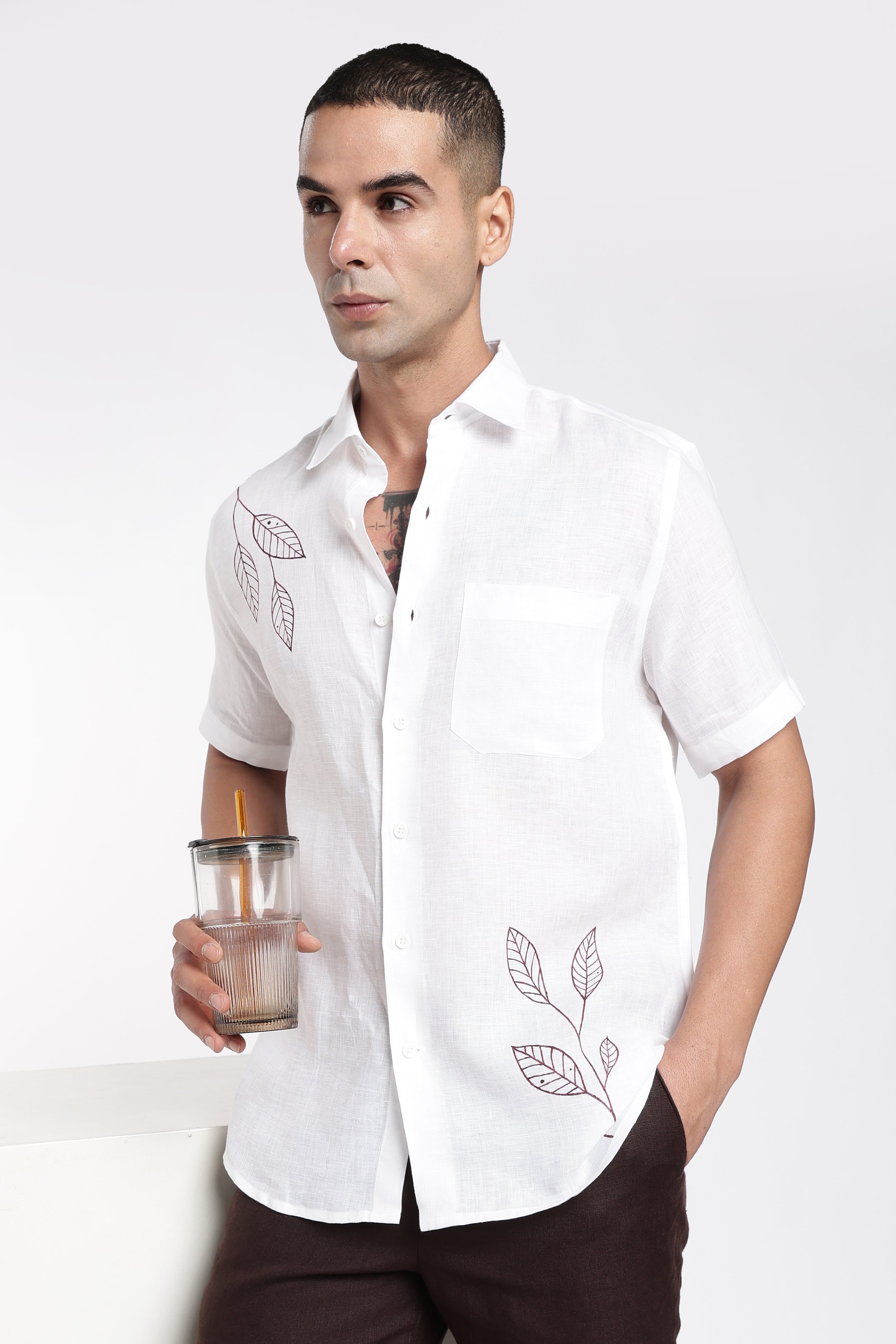 Men’s Hand-Painted White Linen Shirt – Botanical Art Edition | Linen Culture