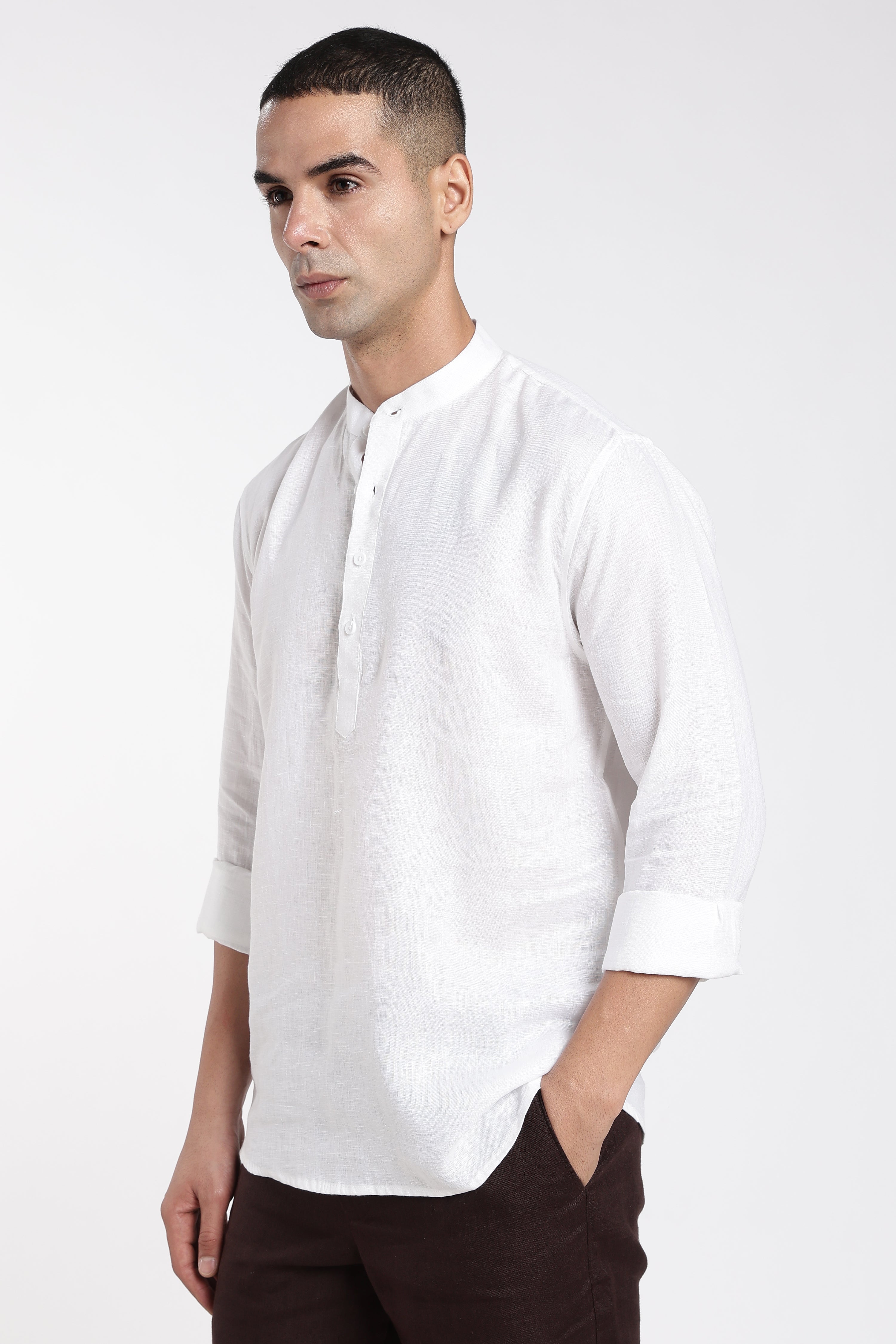 Premium Men’s White Linen Mandarin Collar Kurta | Linen Culture