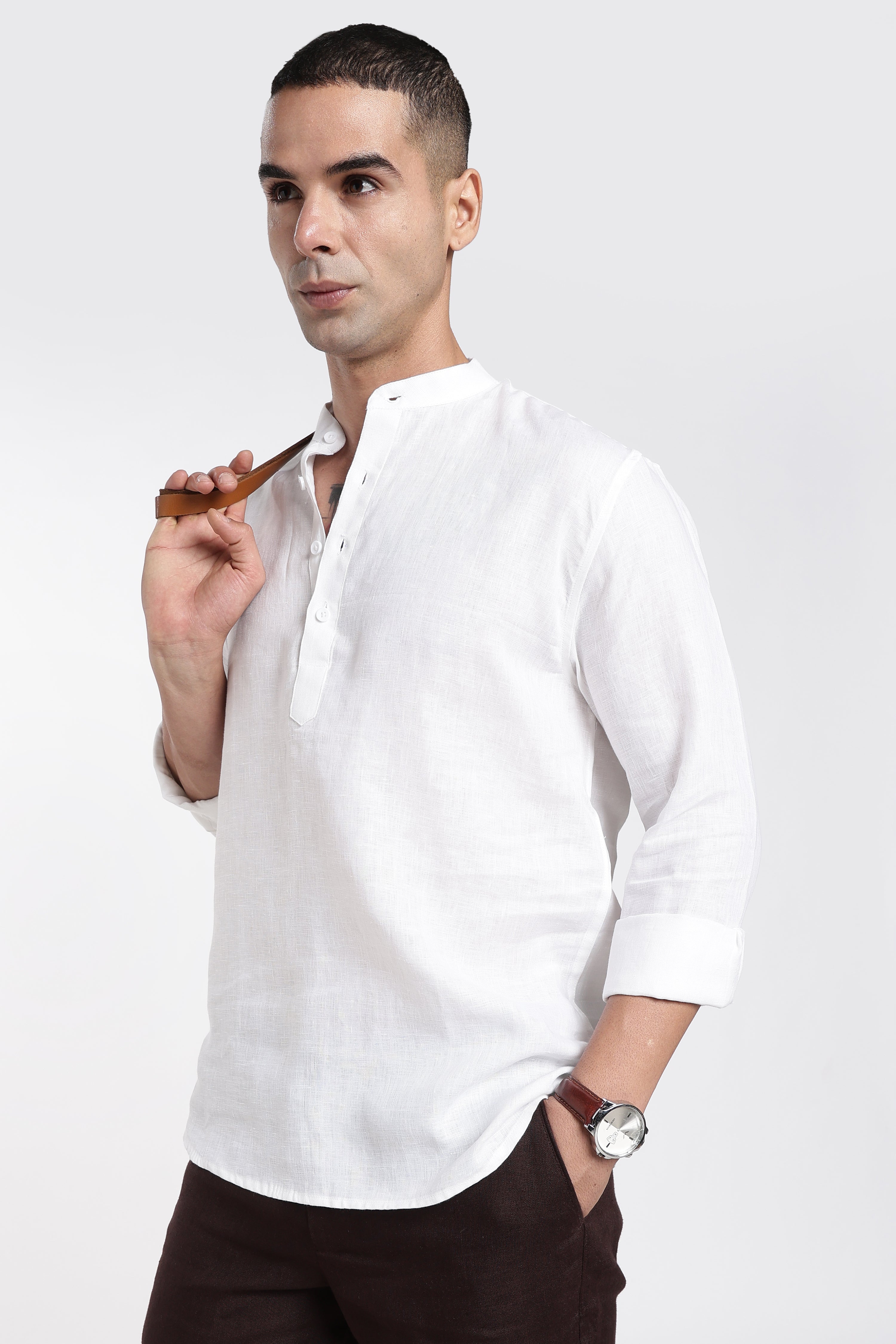 Premium Men’s White Linen Mandarin Collar Kurta | Linen Culture