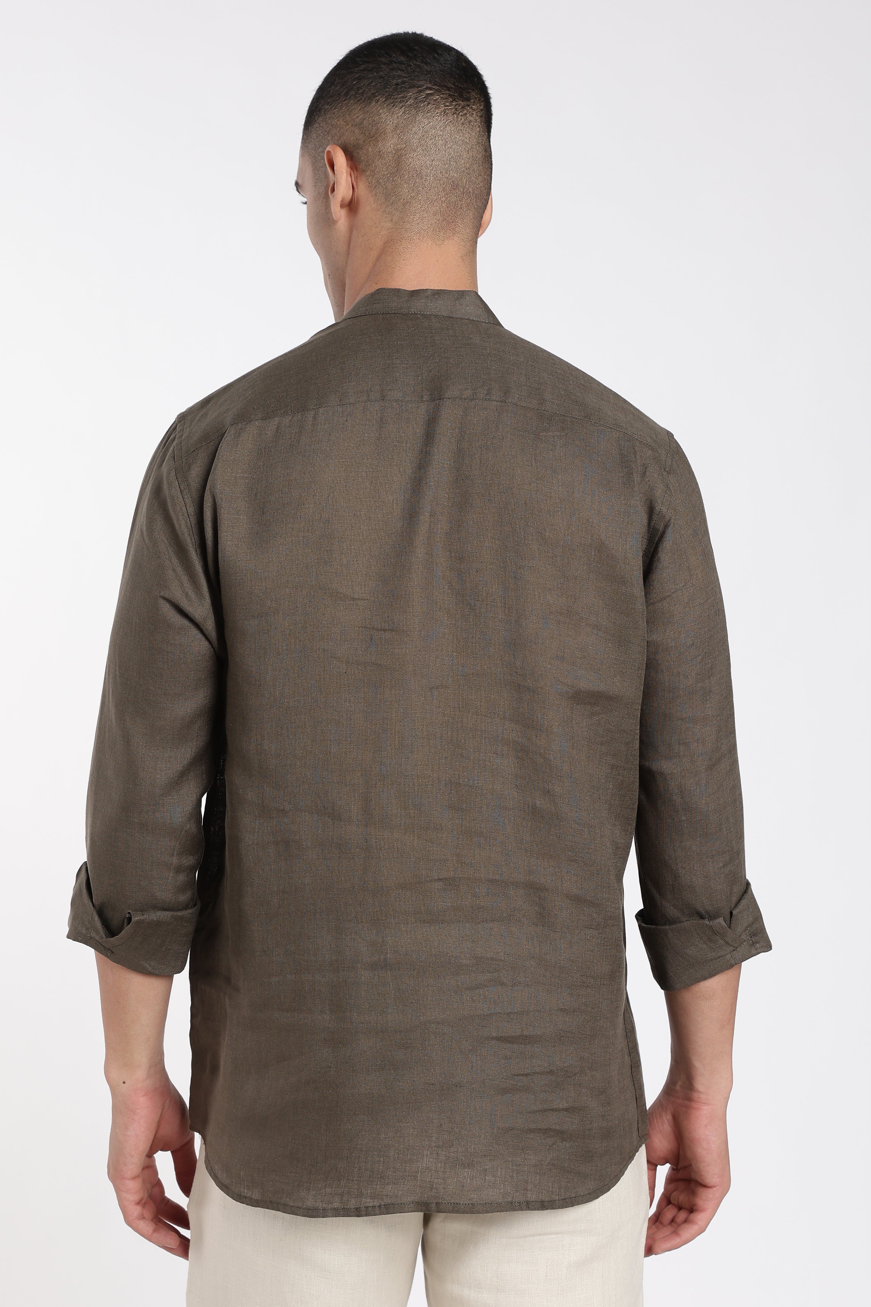 Men’s Dark Olive Linen Mandarin Collar Kurta | Linen Culture