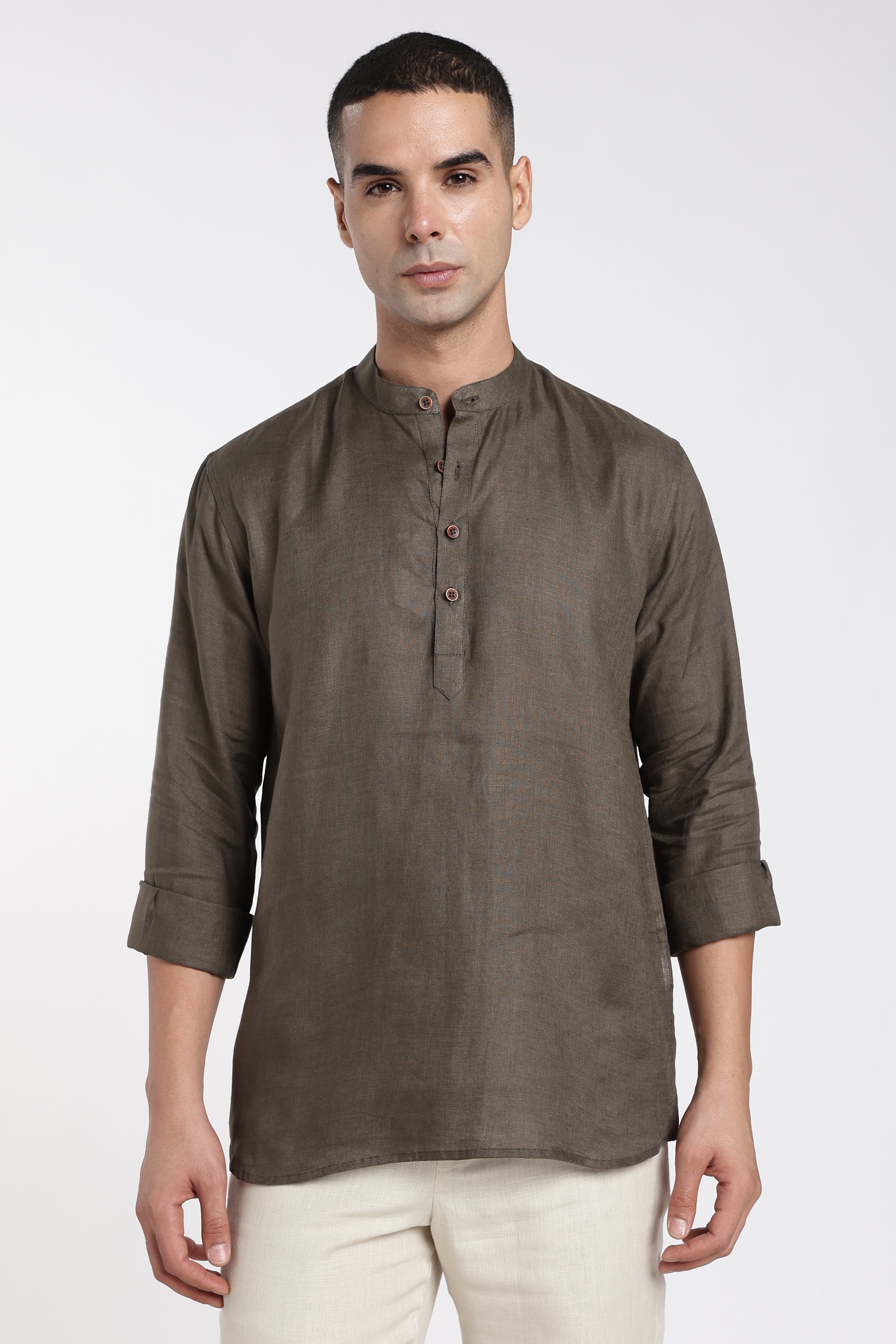 Men’s Dark Olive Linen Mandarin Collar Kurta | Linen Culture