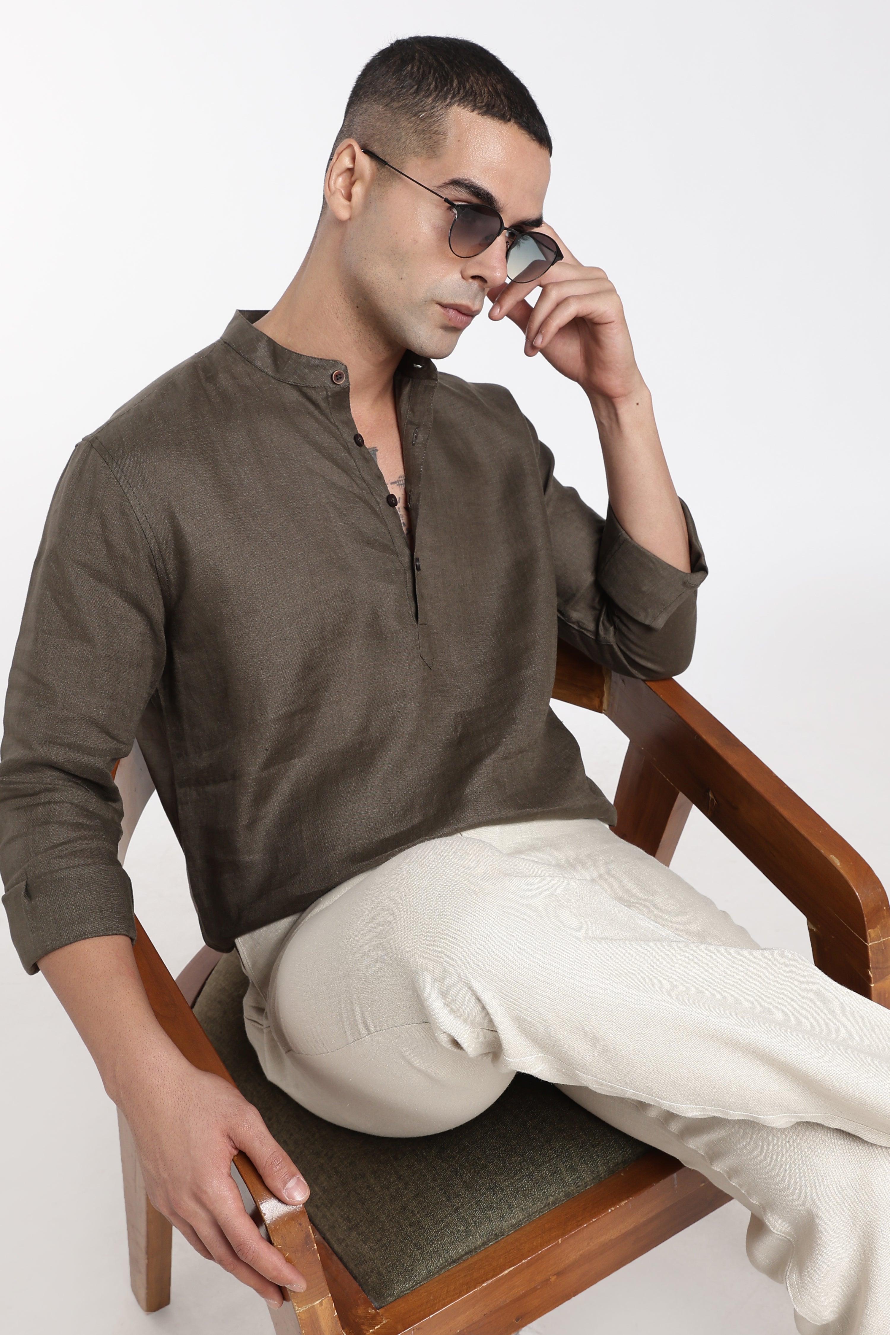 Men’s Dark Olive Linen Mandarin Collar Kurta | Linen Culture