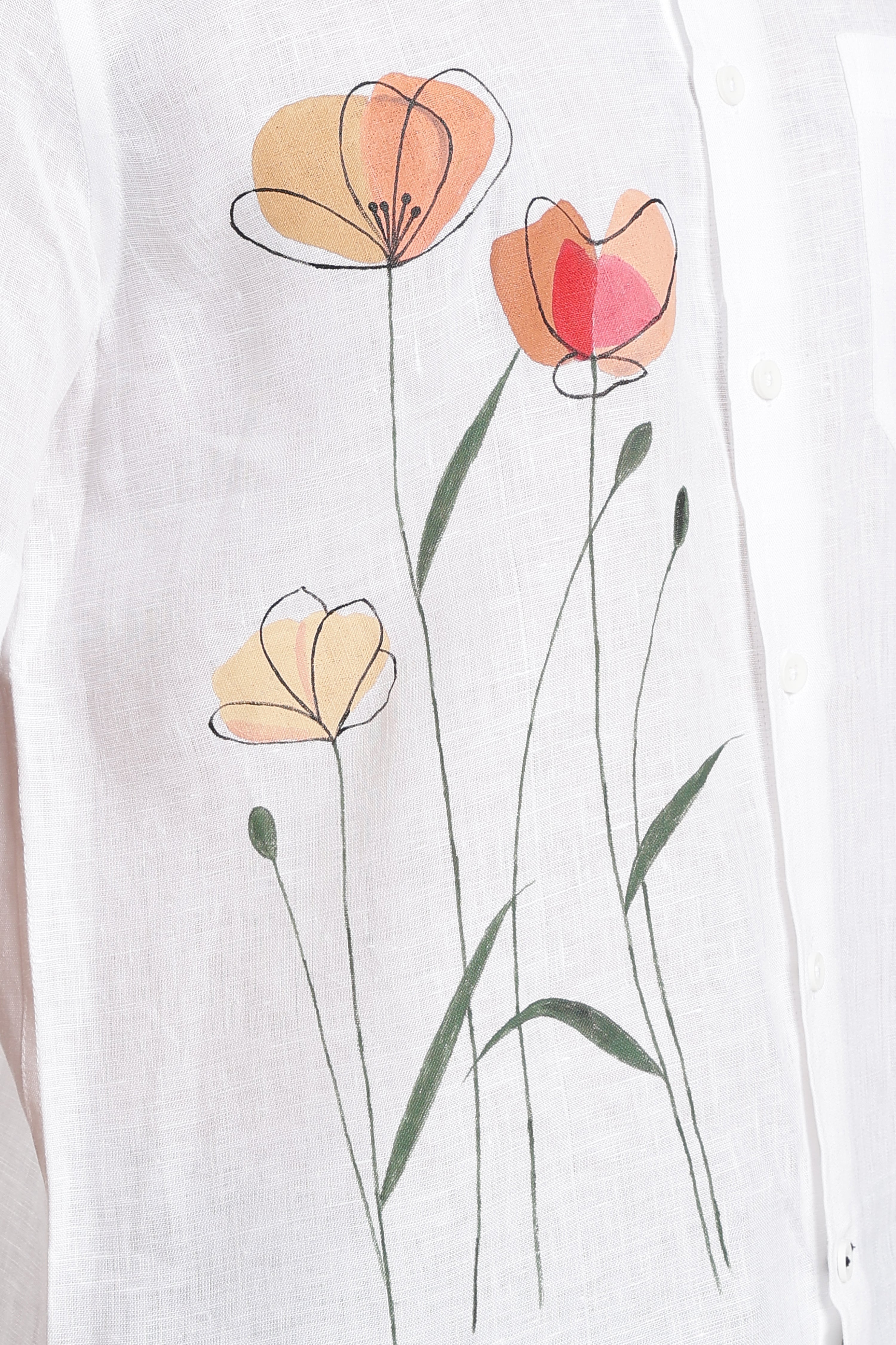 Men’s Hand-Painted White Linen Shirt – Floral Art Edition | Linen Culture