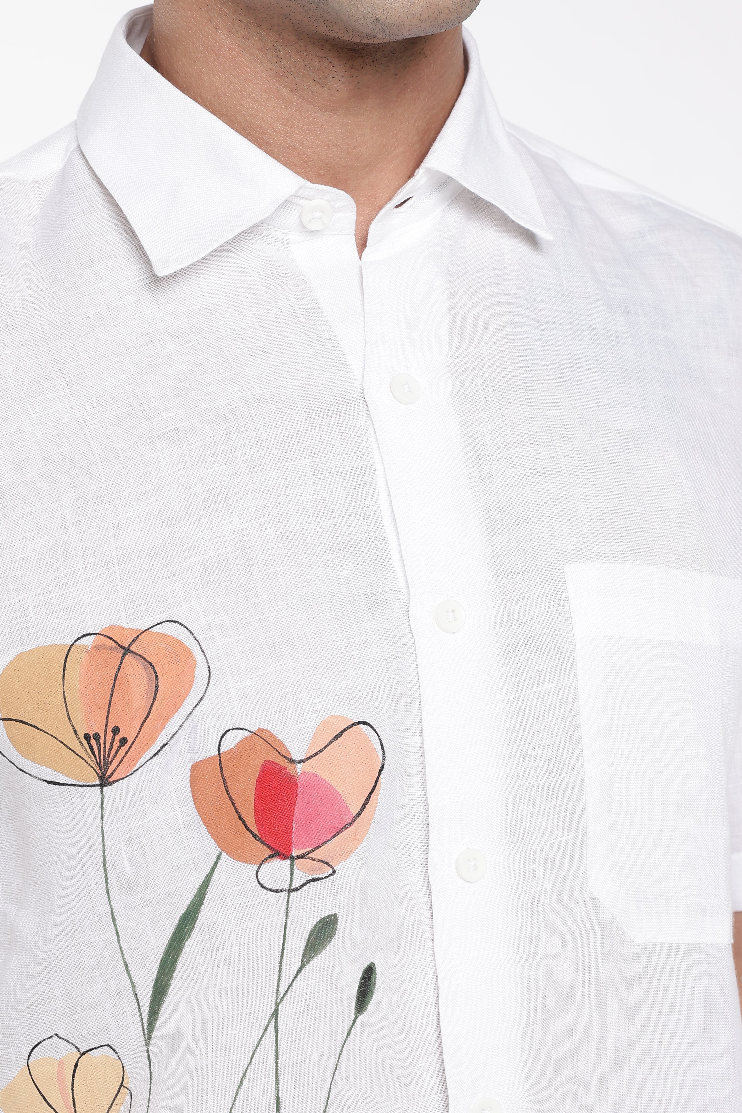 Men’s Hand-Painted White Linen Shirt – Floral Art Edition | Linen Culture