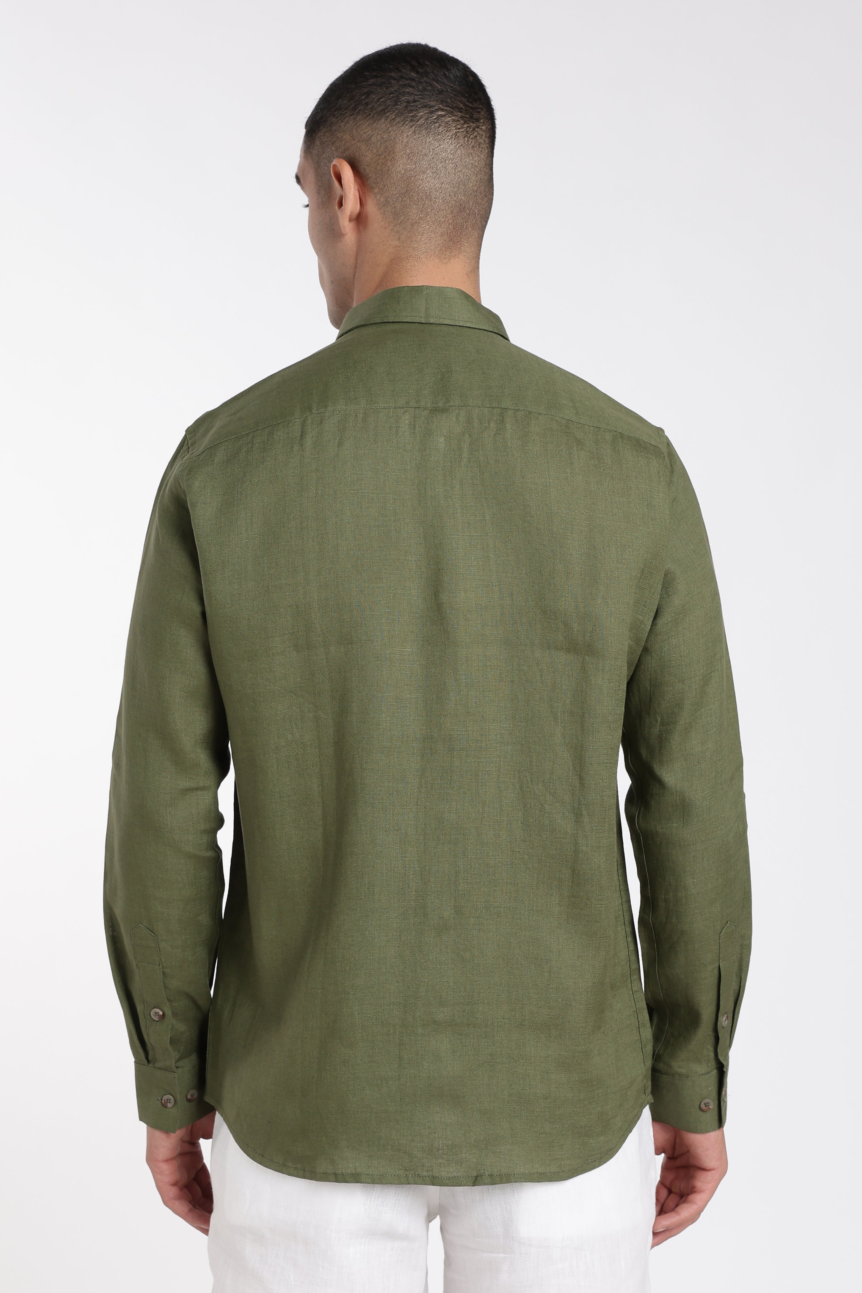 Men’s Olive Green Linen Shirt with Signature Embroidery Detail | Premium Full Sleeve Shirt