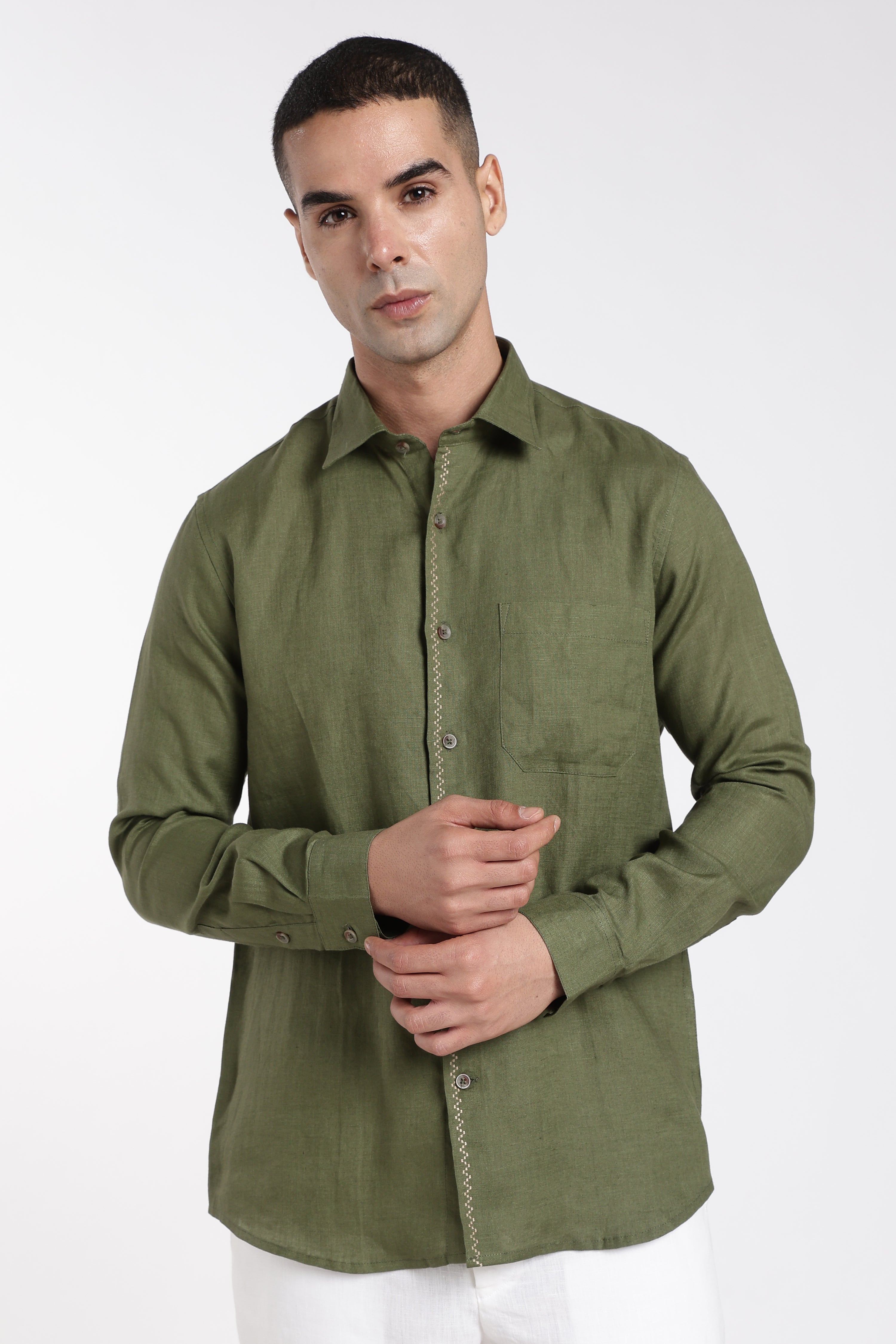 Men’s Olive Green Linen Shirt with Signature Embroidery Detail | Premium Full Sleeve Shirt