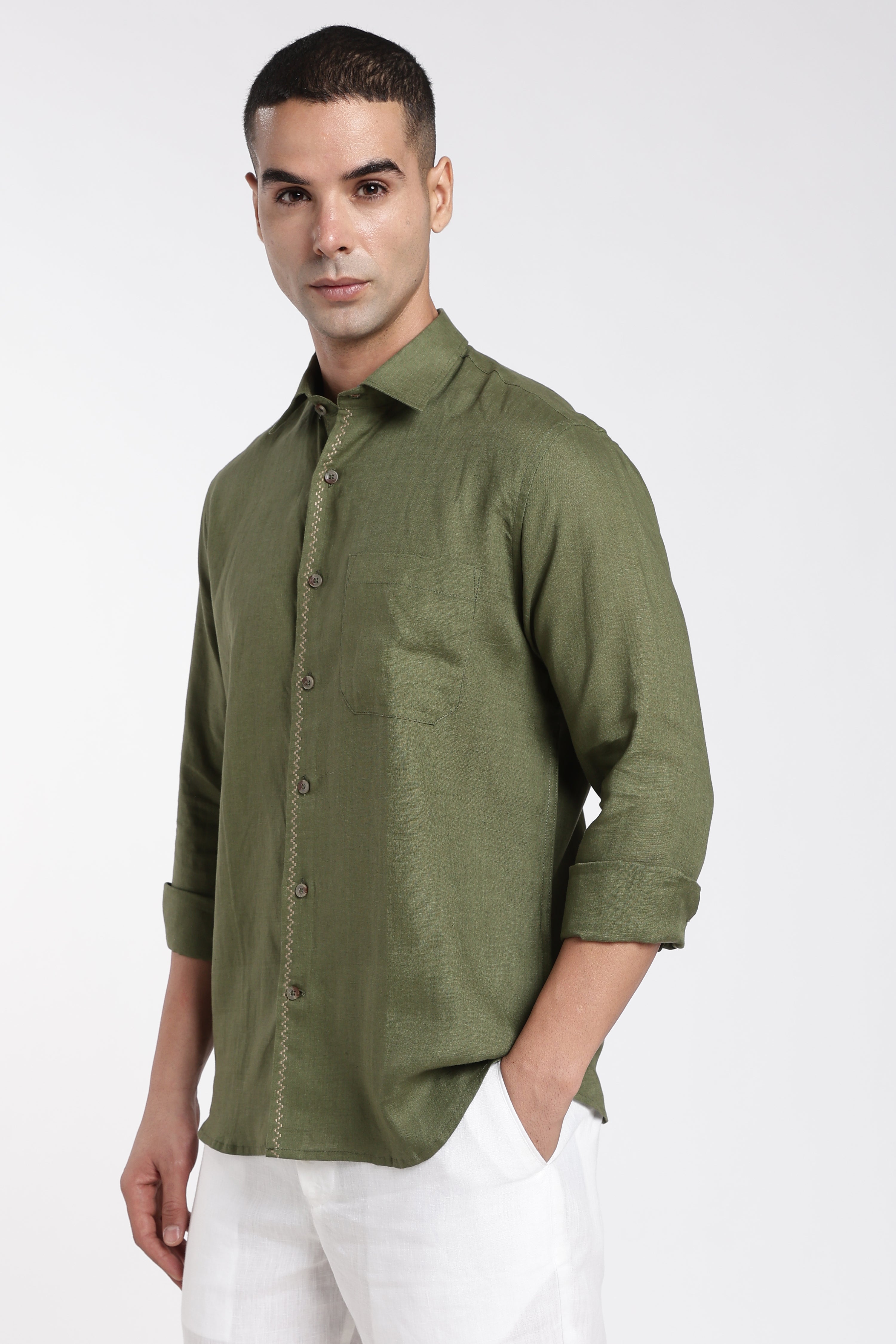 Men’s Olive Green Linen Shirt with Signature Embroidery Detail | Premium Full Sleeve Shirt