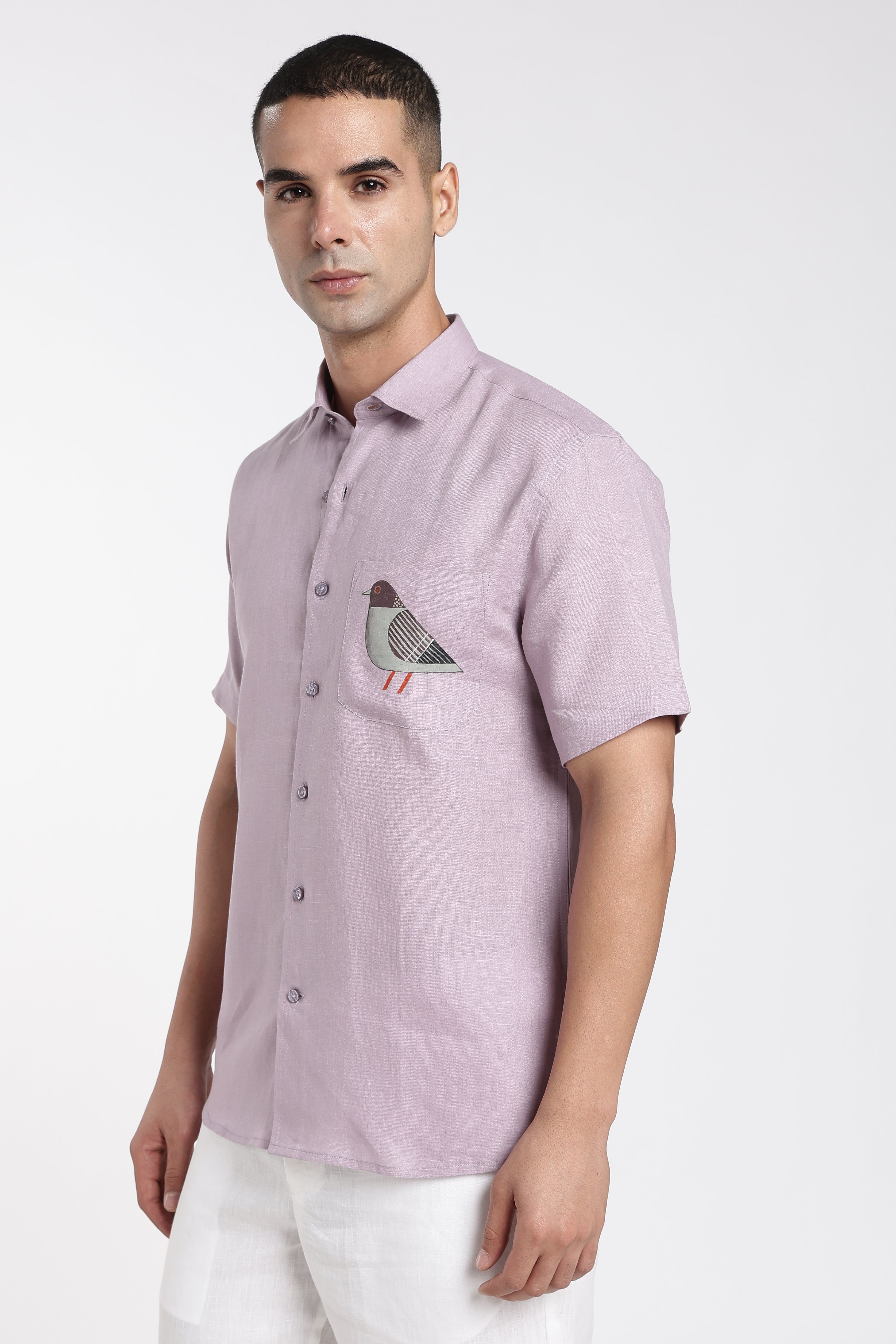 Men’s Lavender Linen Shirt with Artistic Bird Pocket Detail | Premium Short Sleeve Shirt