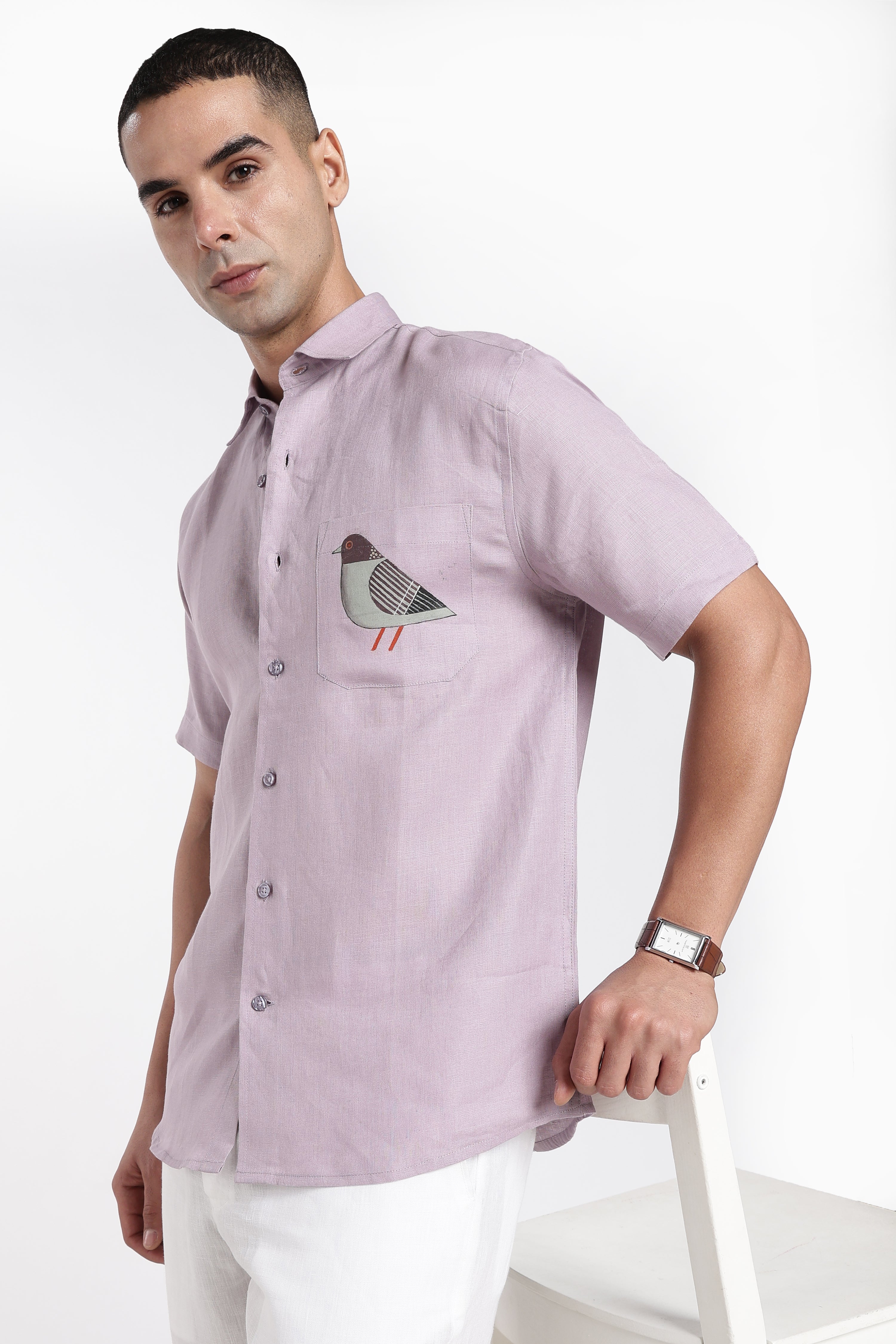 Men’s Lavender Linen Shirt with Artistic Bird Pocket Detail | Premium Short Sleeve Shirt
