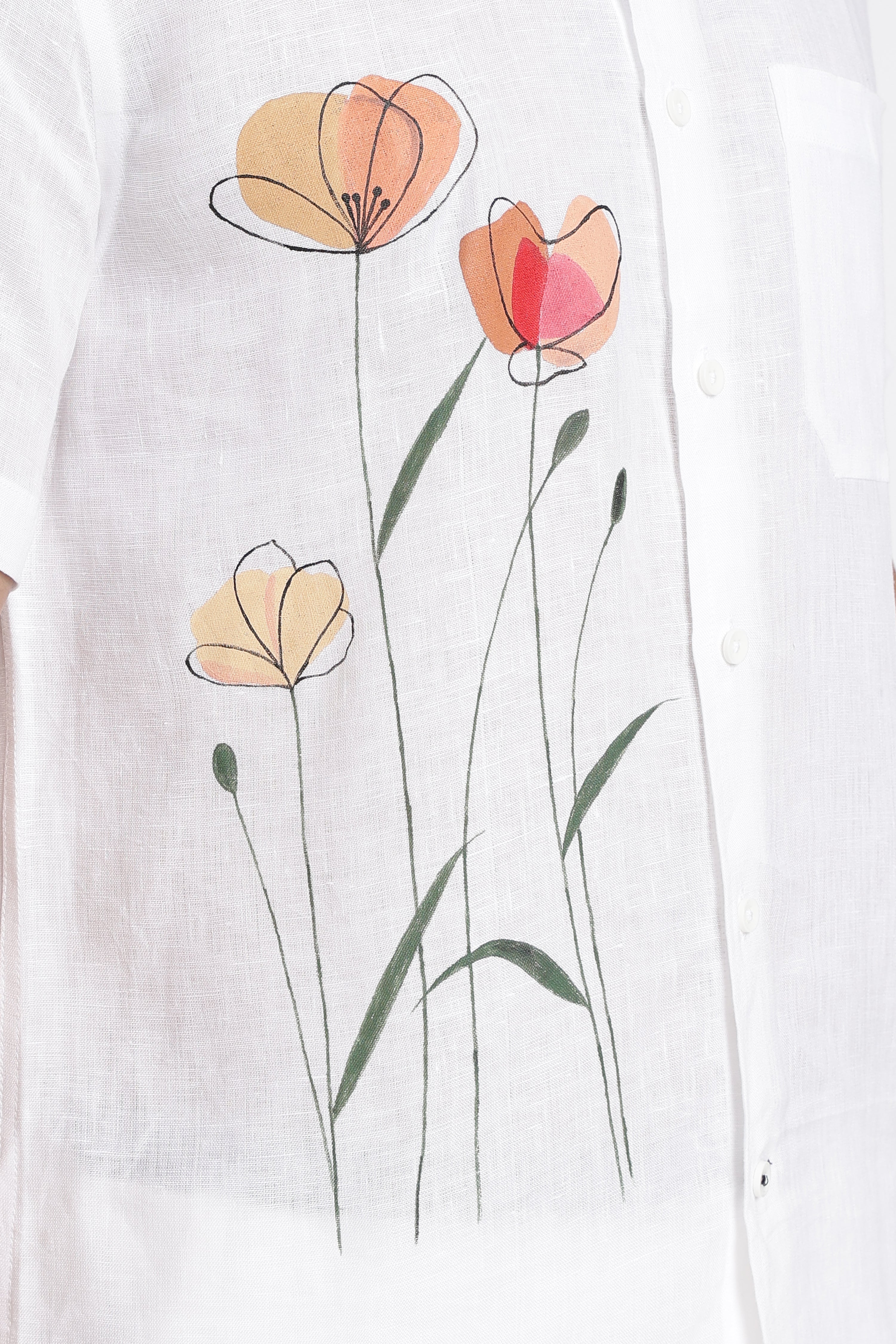Men’s Premium White Linen Co-Ord Set with Artistic Floral Hand-Painted Design