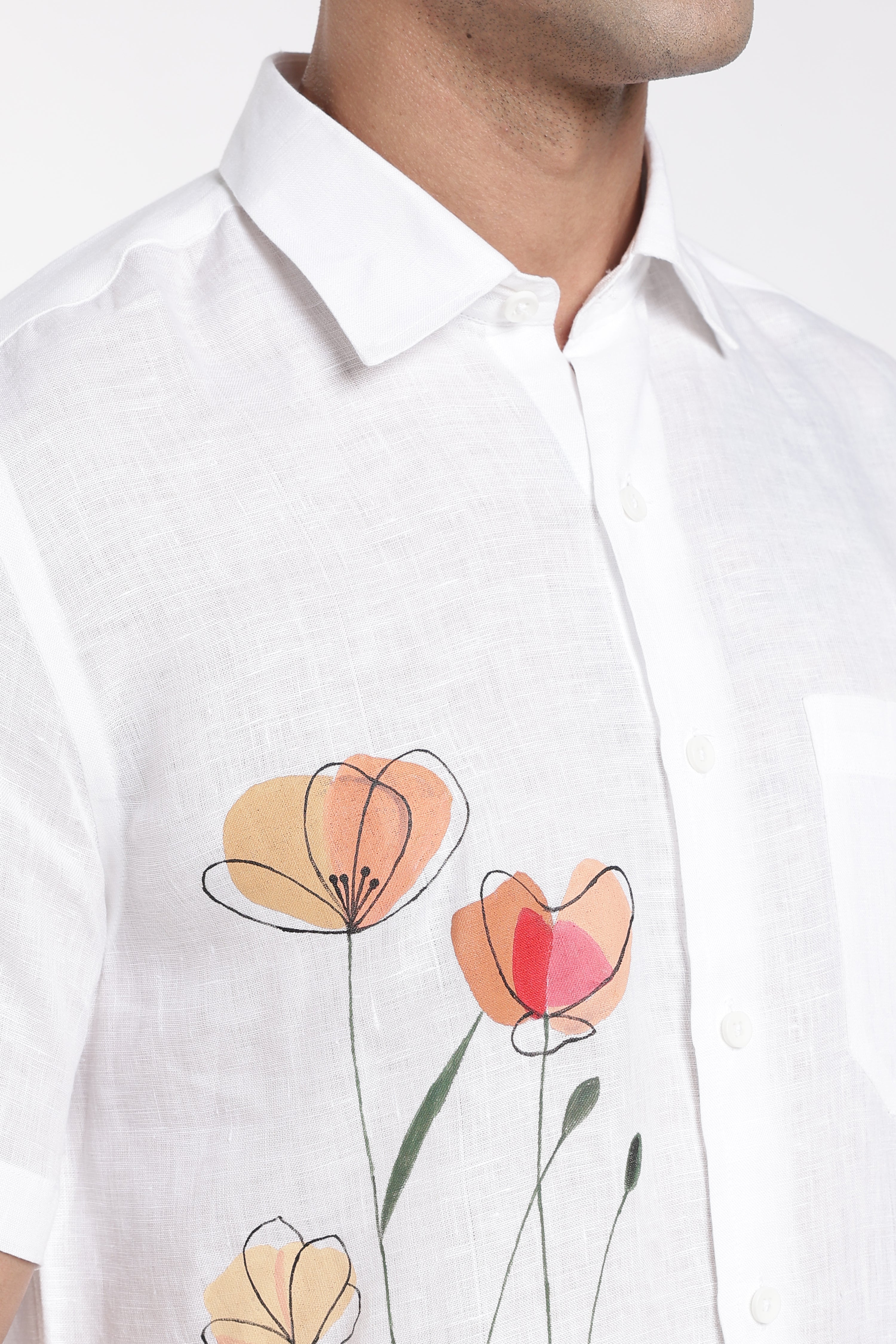 Men’s Premium White Linen Co-Ord Set with Artistic Floral Hand-Painted Design