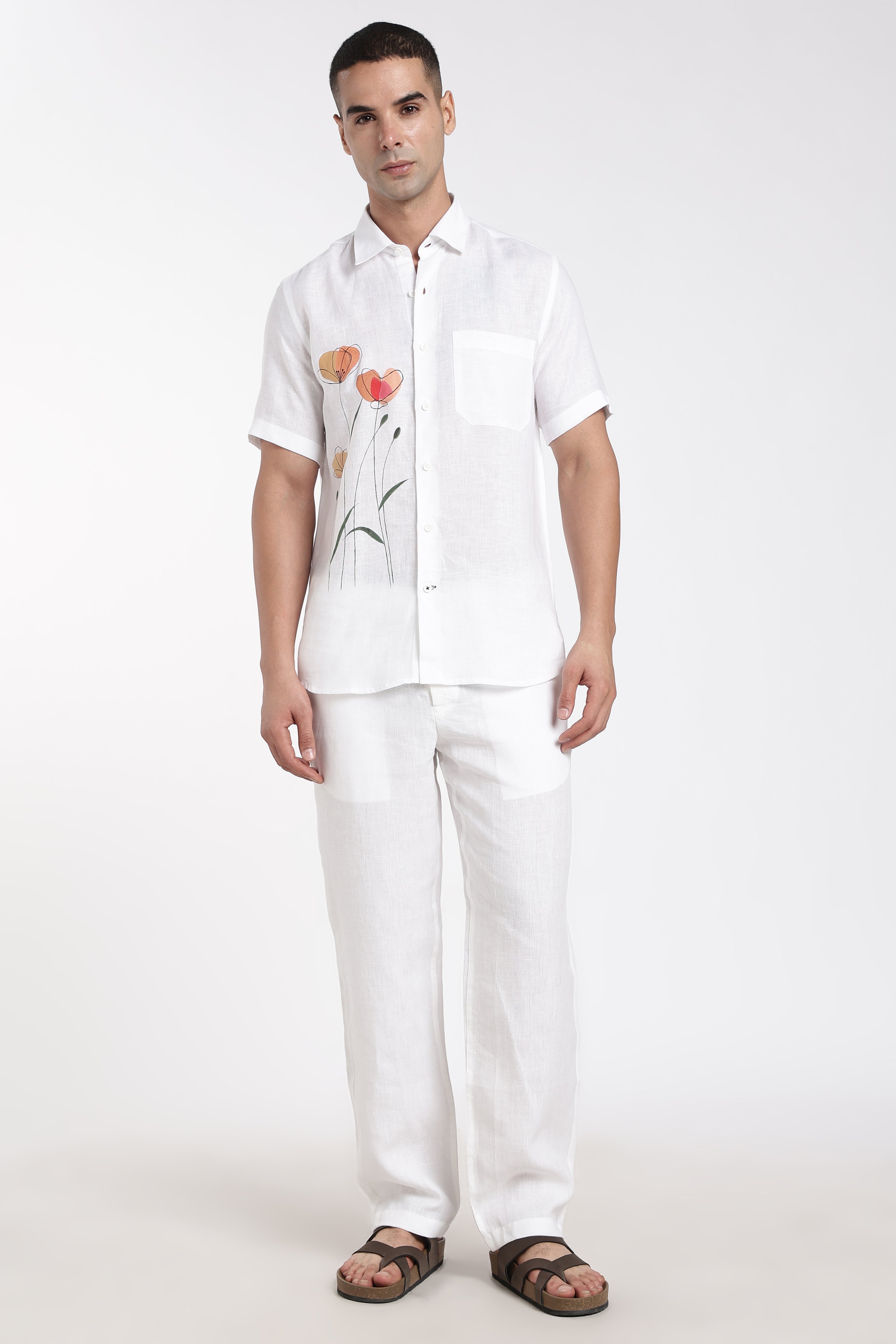 Men’s Premium White Linen Co-Ord Set with Artistic Floral Hand-Painted Design