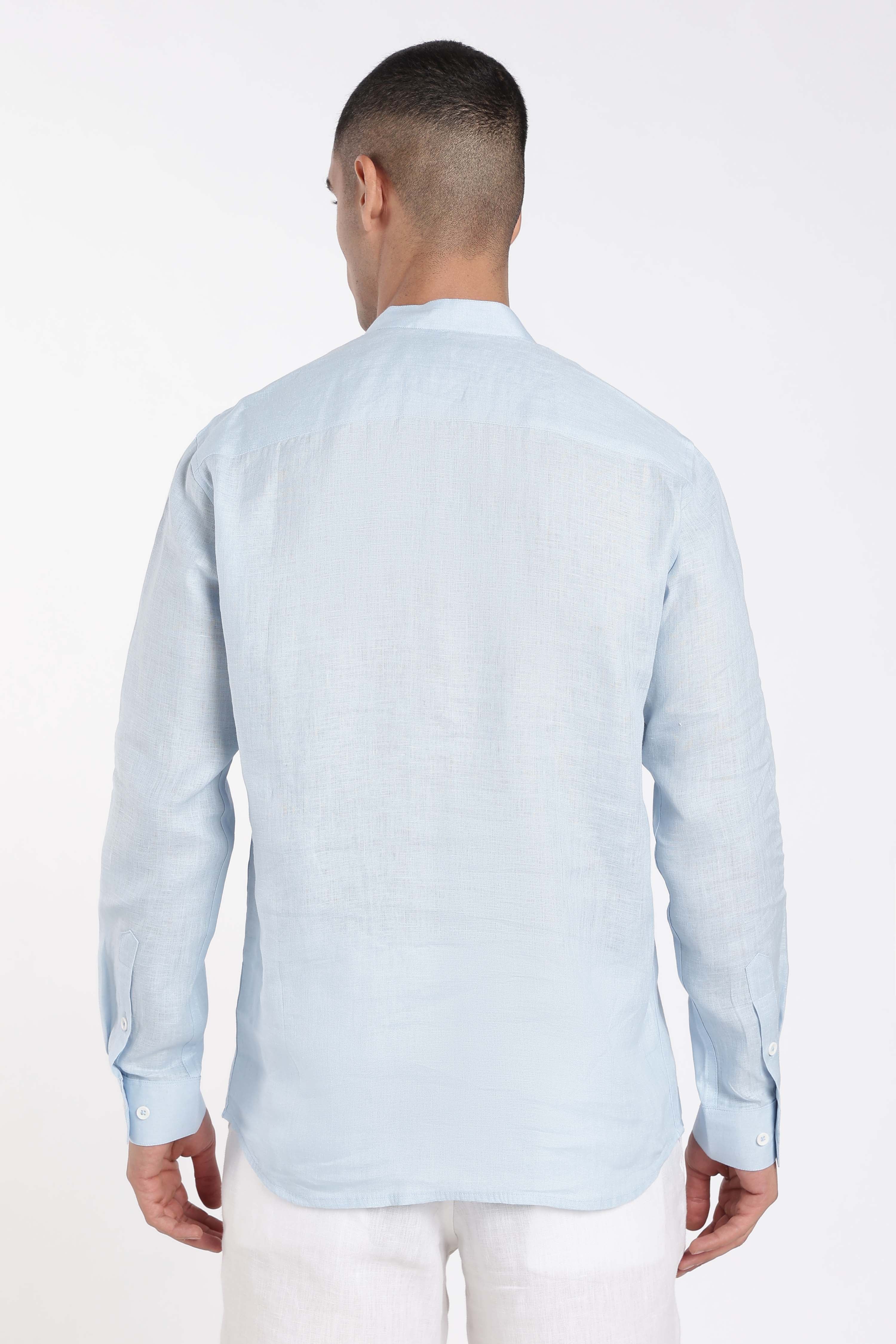 Men’s Sky Blue Linen Mandarin Collar Kurta | Linen Culture