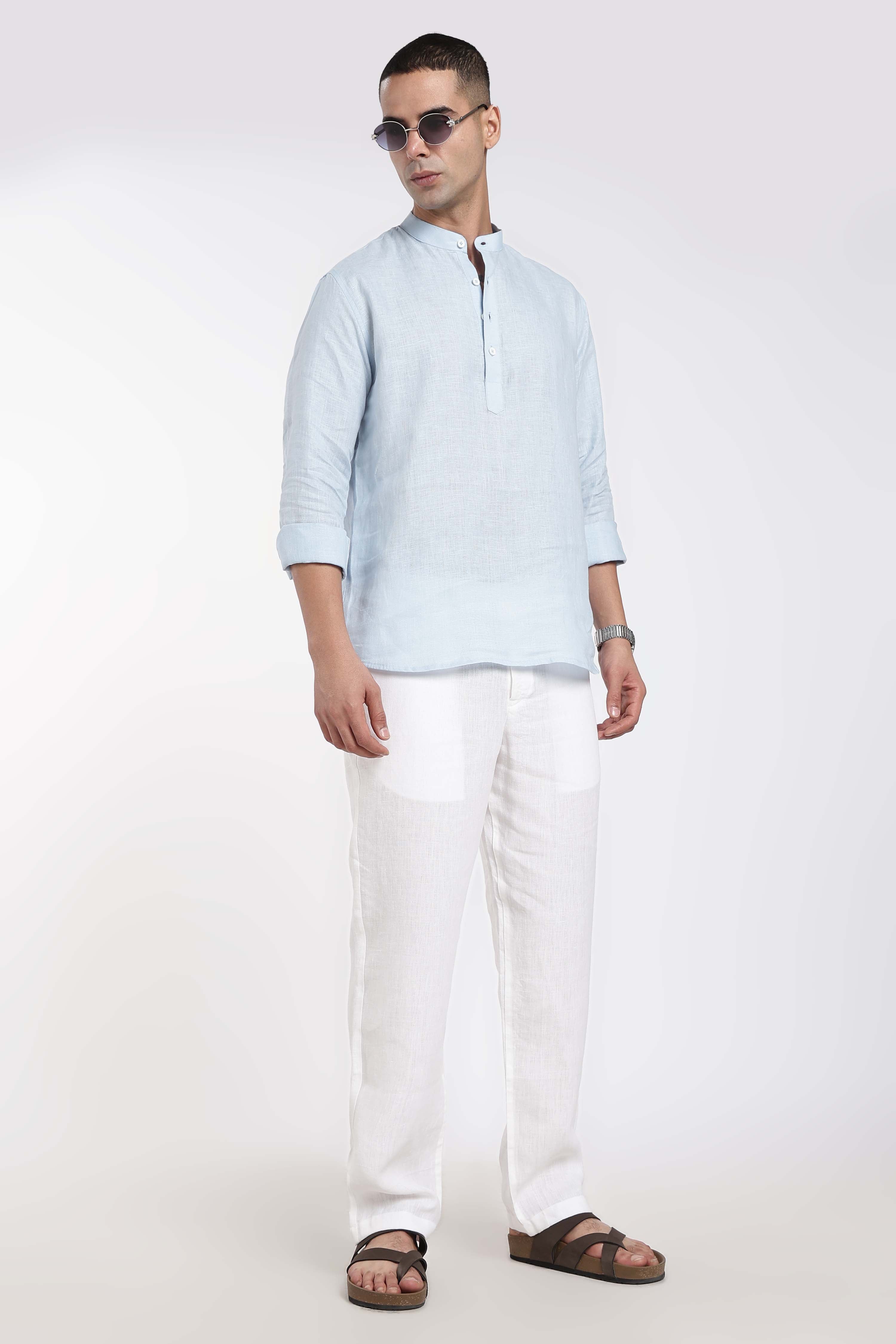 Men’s Sky Blue Linen Mandarin Collar Kurta | Linen Culture