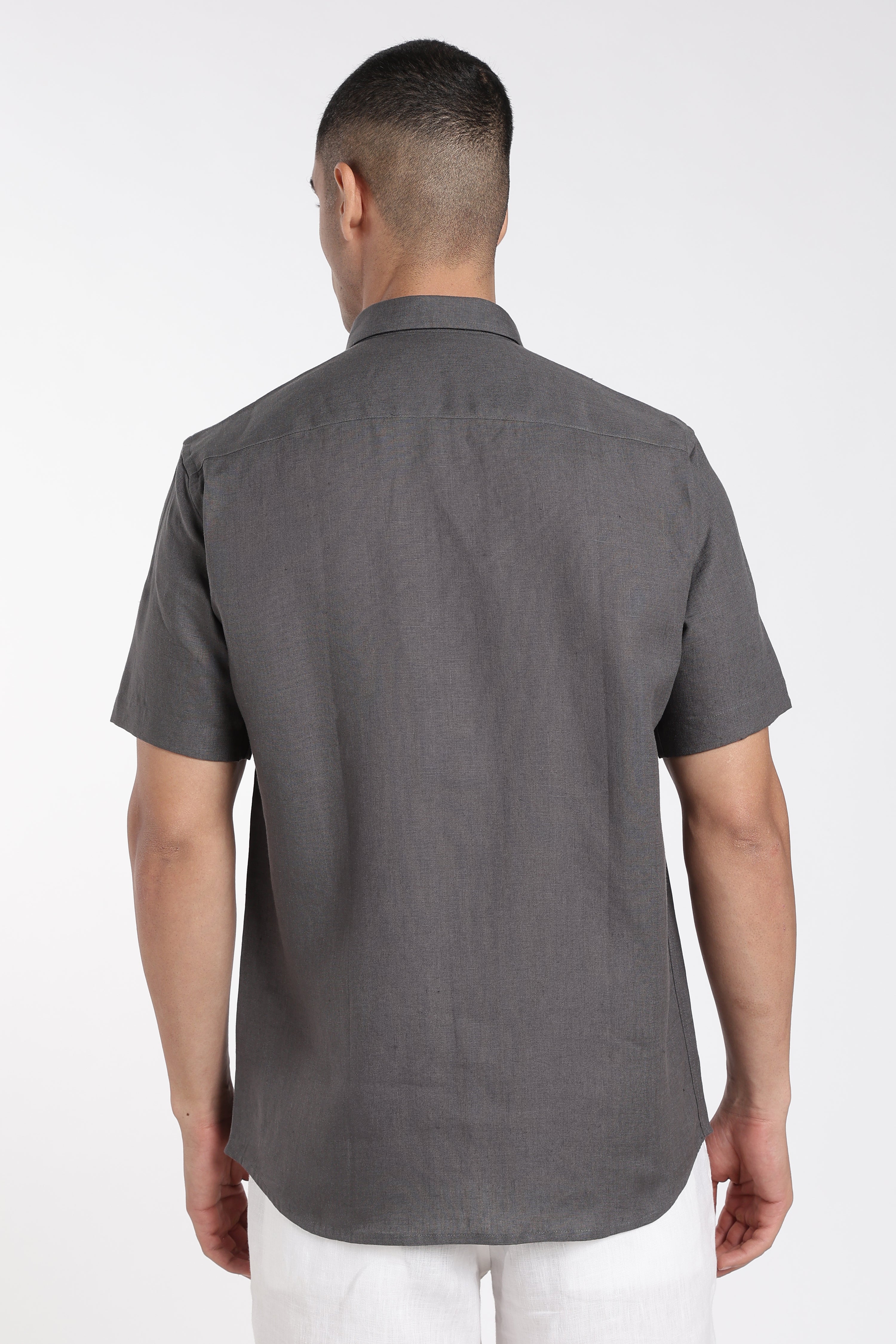Men’s Charcoal Grey Linen Shirt with Signature Contrast Stitch Detail | Premium Short Sleeve Shirt