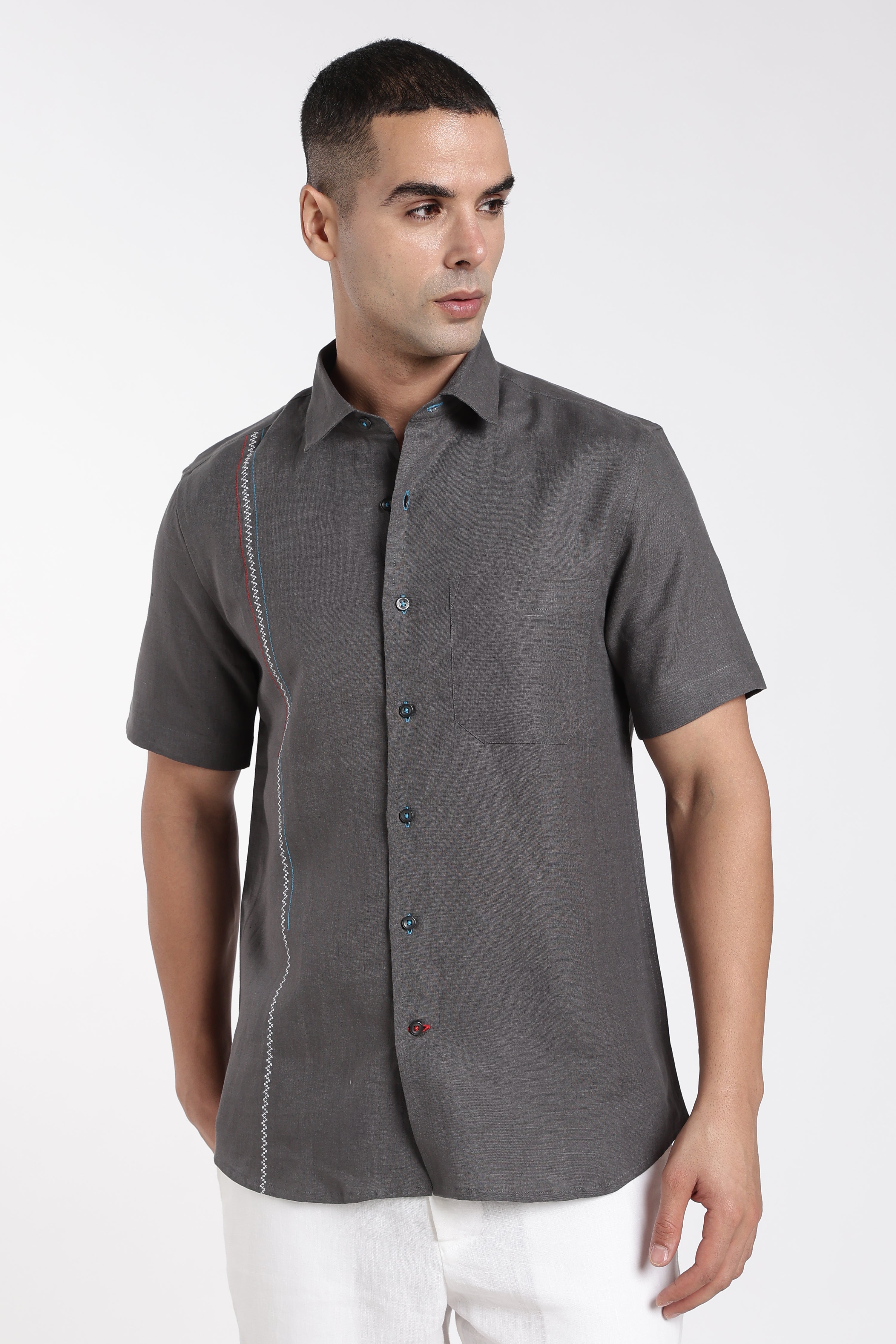 Men’s Charcoal Grey Linen Shirt with Signature Contrast Stitch Detail | Premium Short Sleeve Shirt