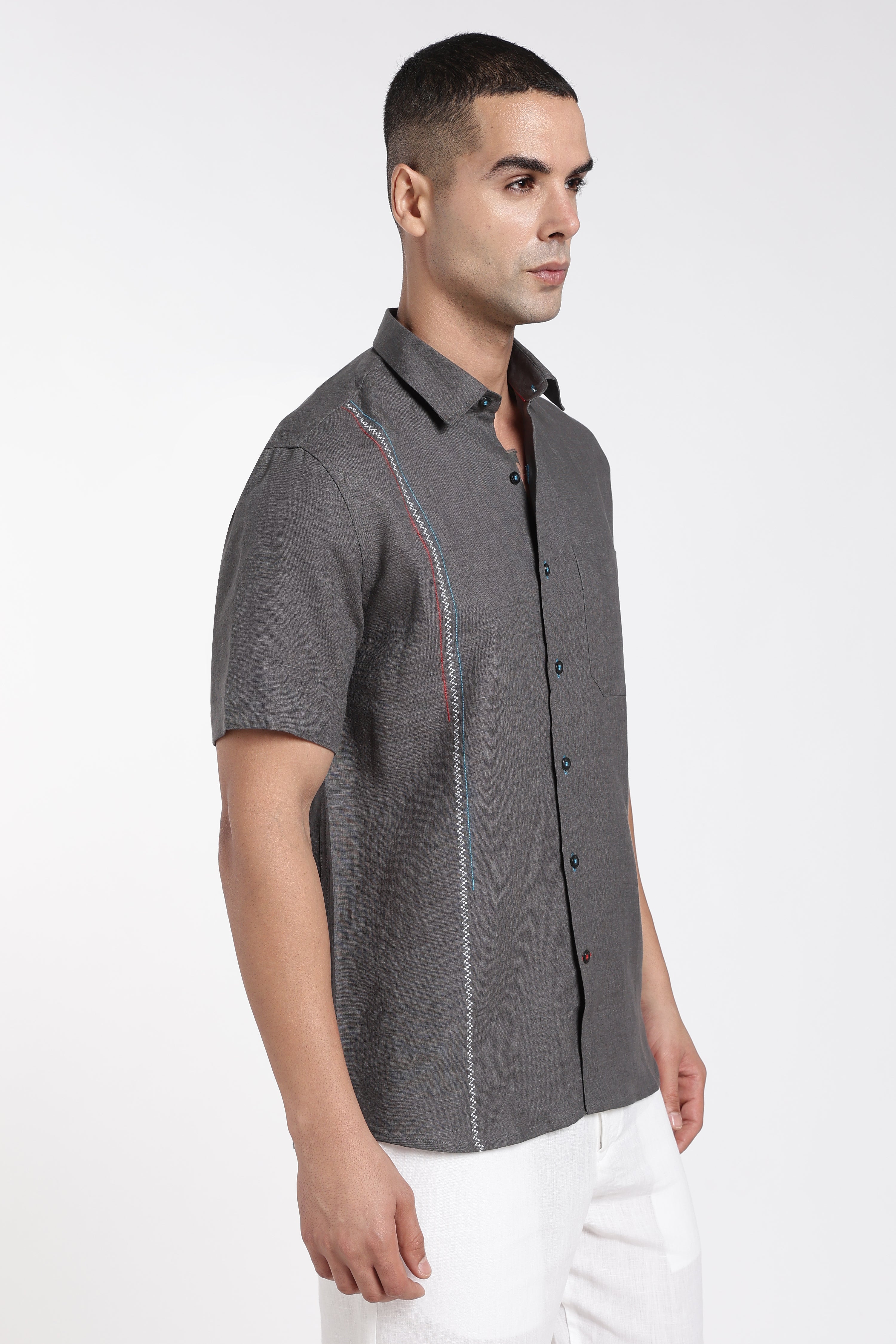 Men’s Charcoal Grey Linen Shirt with Signature Contrast Stitch Detail | Premium Short Sleeve Shirt