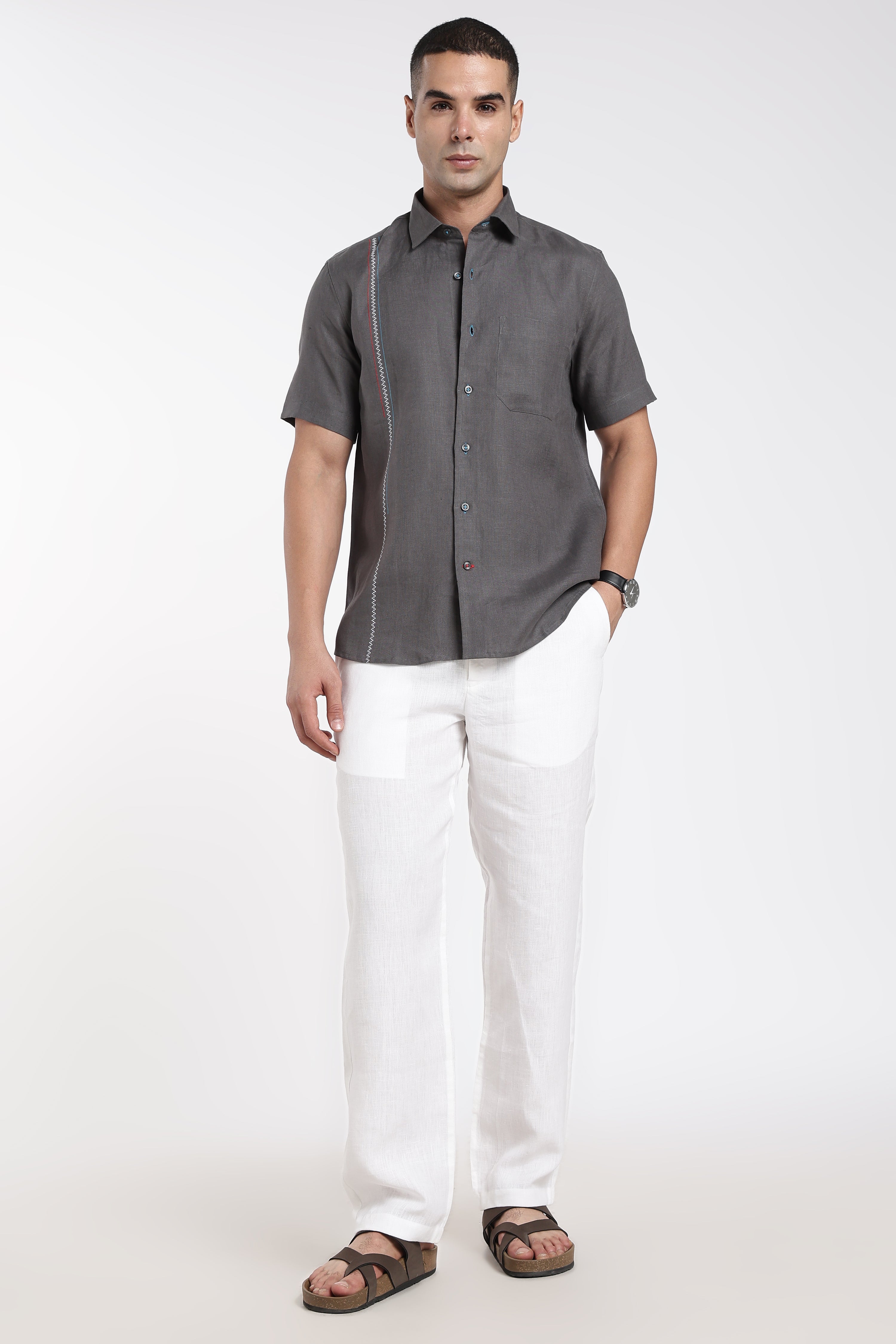 Men’s Charcoal Grey Linen Shirt with Signature Contrast Stitch Detail | Premium Short Sleeve Shirt