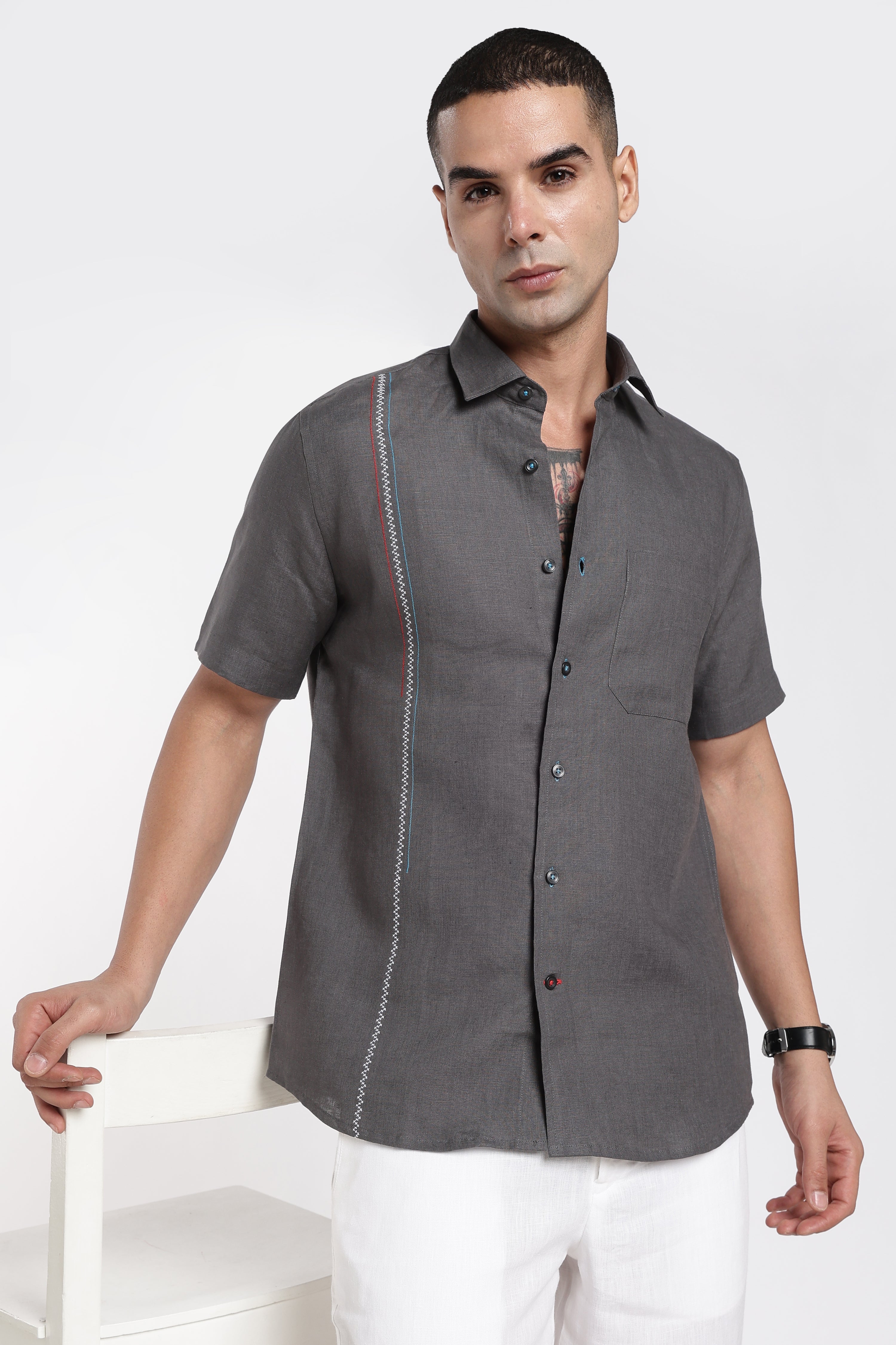 Men’s Charcoal Grey Linen Shirt with Signature Contrast Stitch Detail | Premium Short Sleeve Shirt