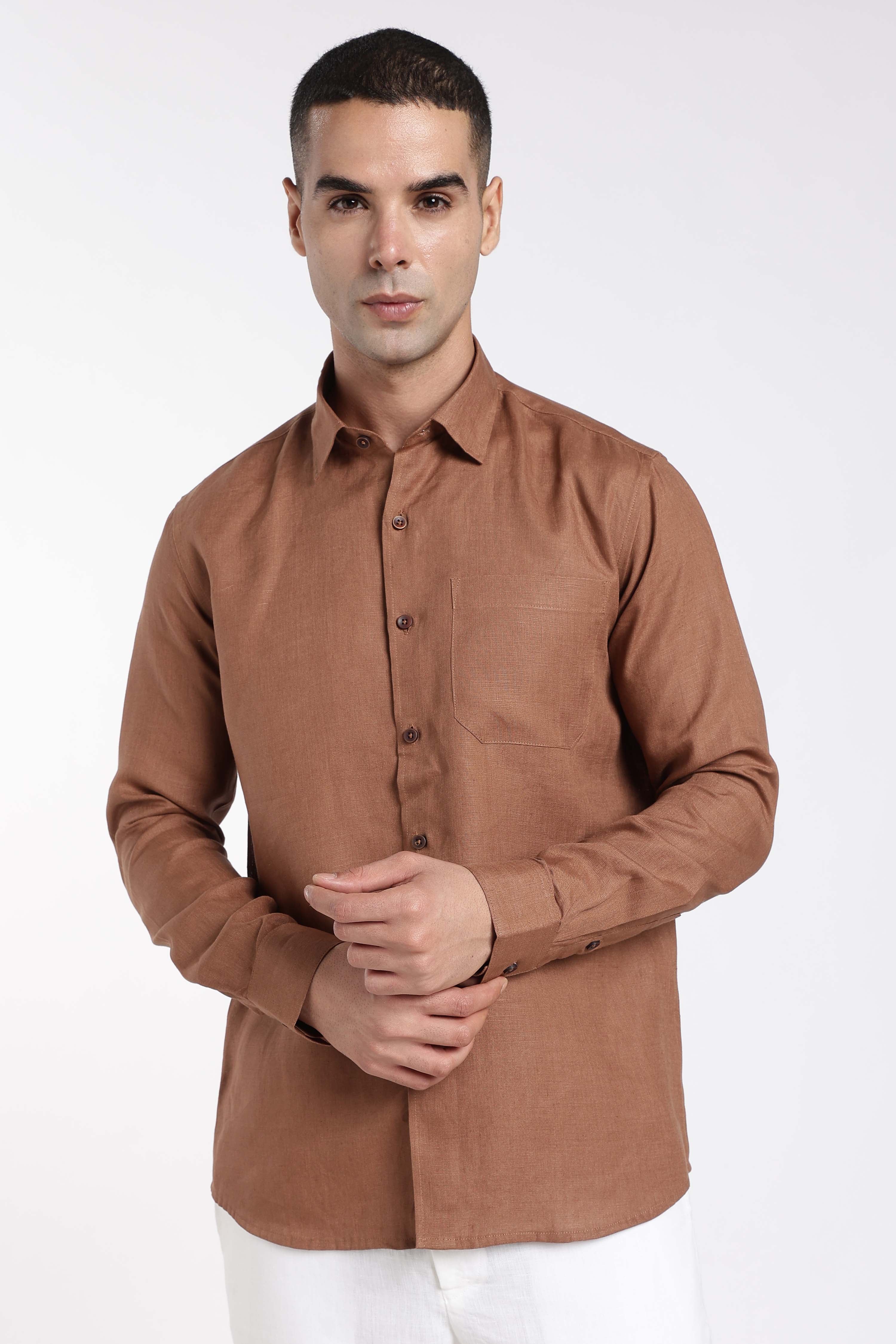 Men’s Cinnamon Brown Premium Linen Shirt | Full Sleeve Classic Linen Shirt