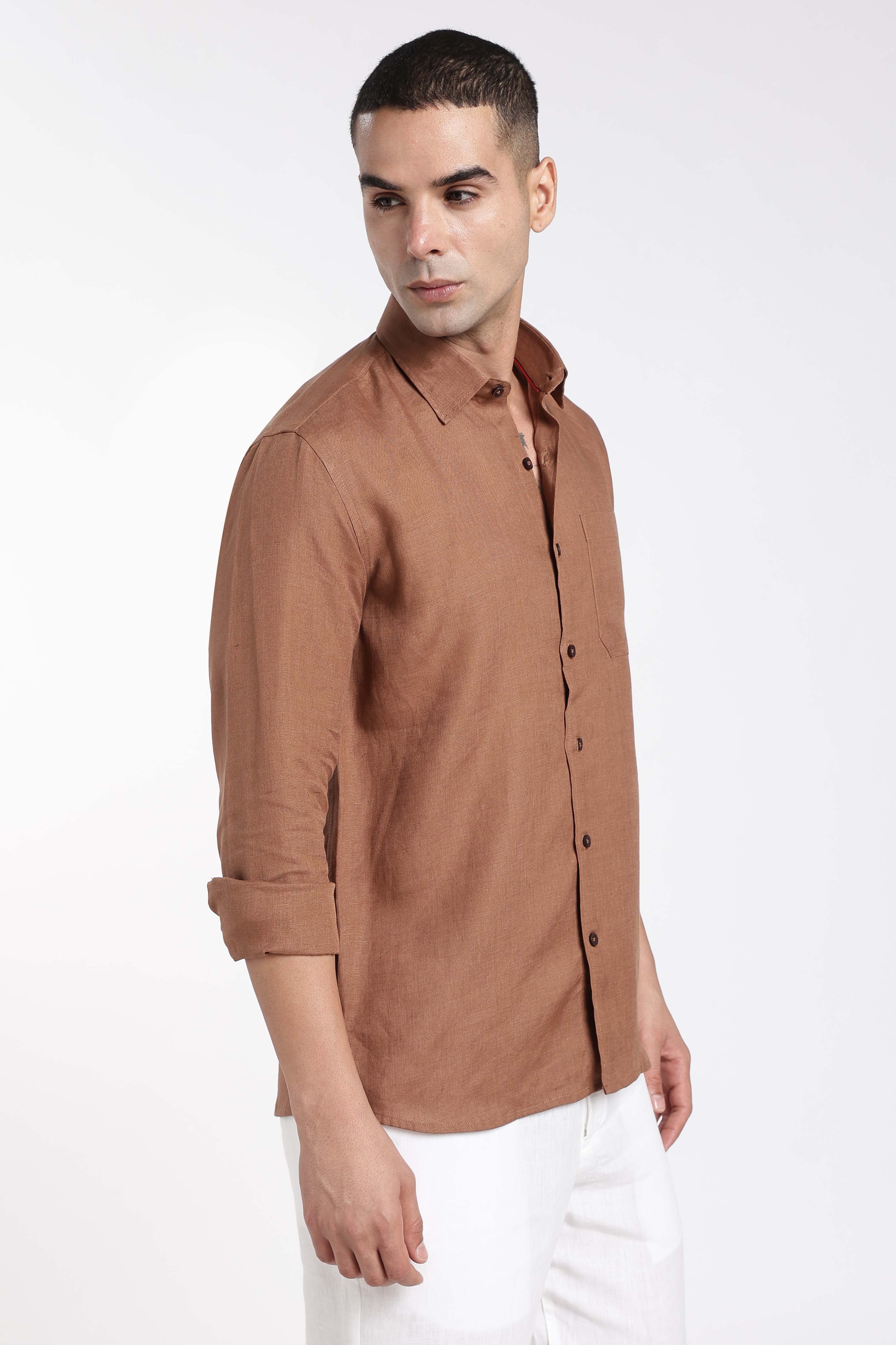 Men’s Cinnamon Brown Premium Linen Shirt | Full Sleeve Classic Linen Shirt