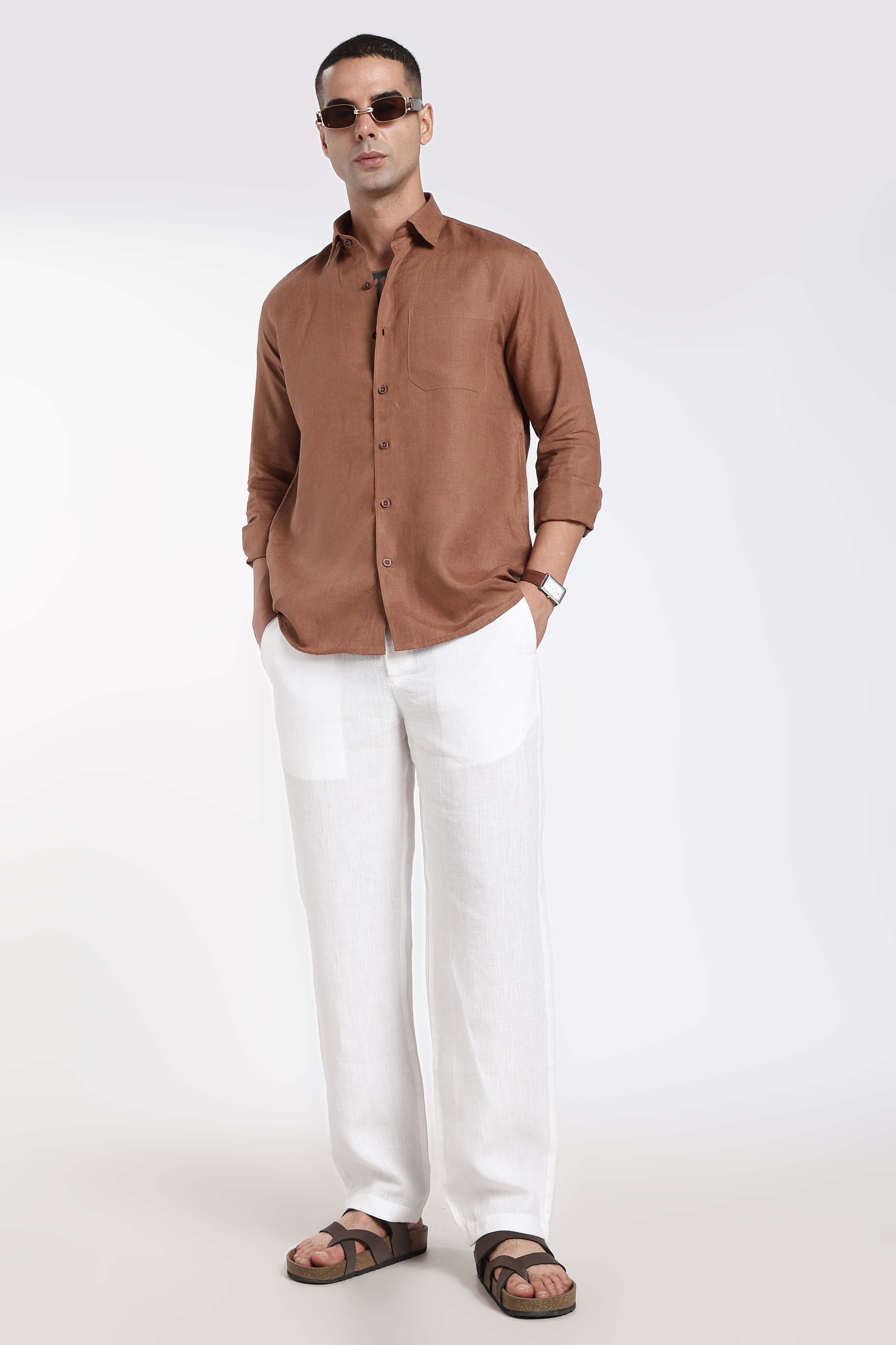 Men’s Cinnamon Brown Premium Linen Shirt | Full Sleeve Classic Linen Shirt