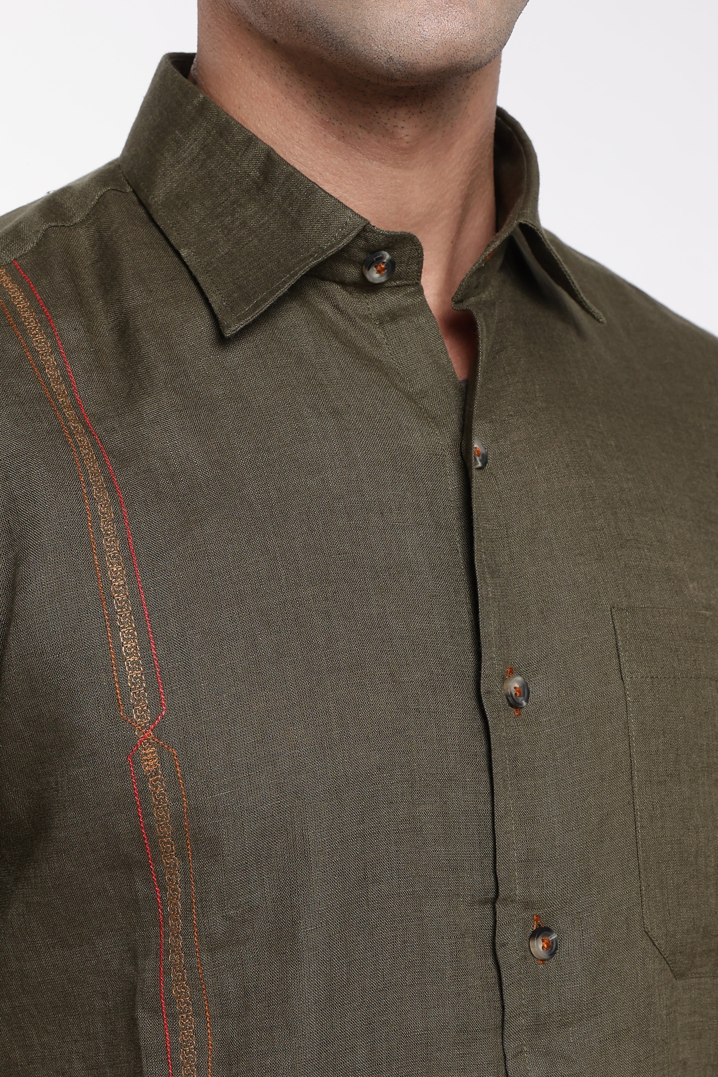 Men’s Olive Green Premium Linen Shirt with Signature Line Embroidery | Short Sleeve