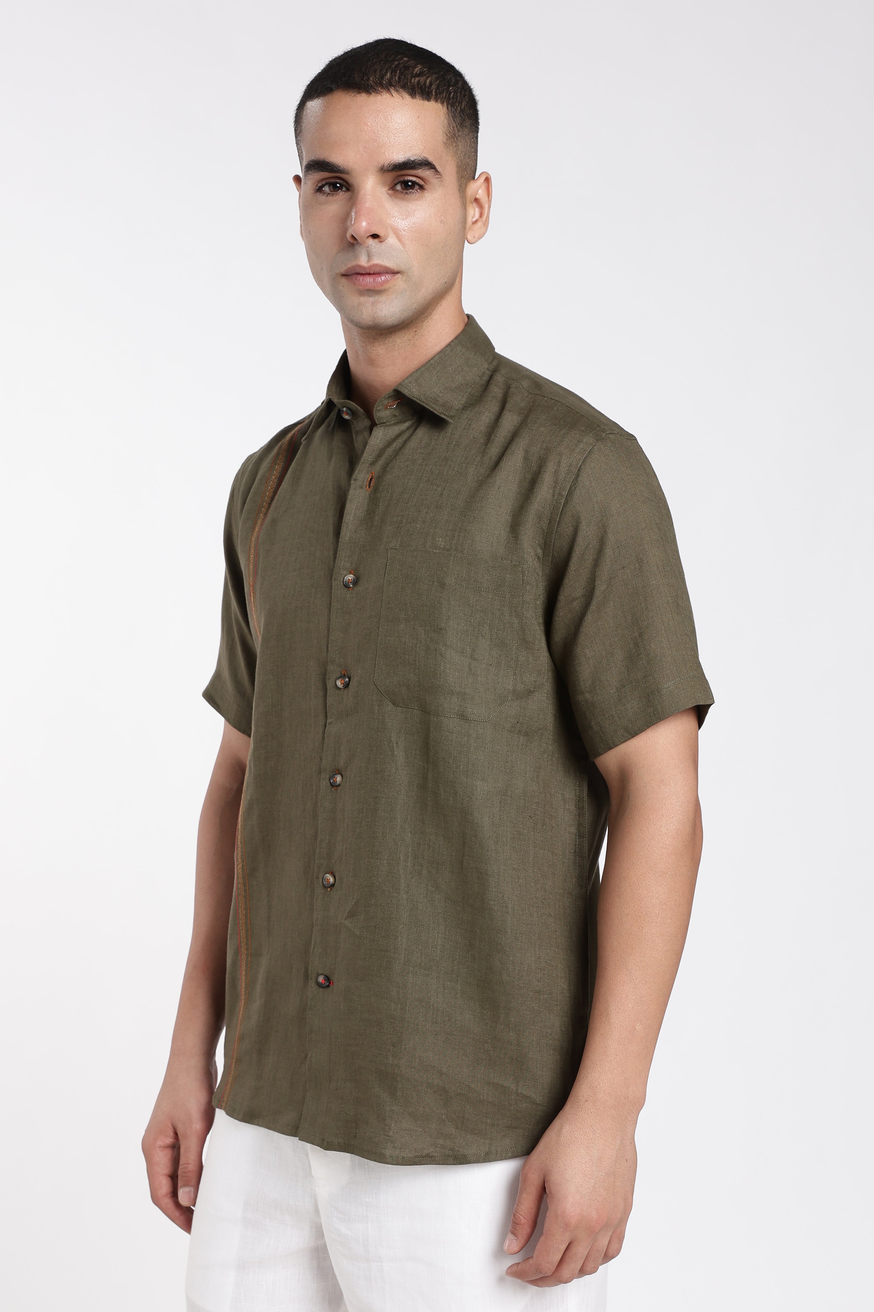 Men’s Olive Green Premium Linen Shirt with Signature Line Embroidery | Short Sleeve